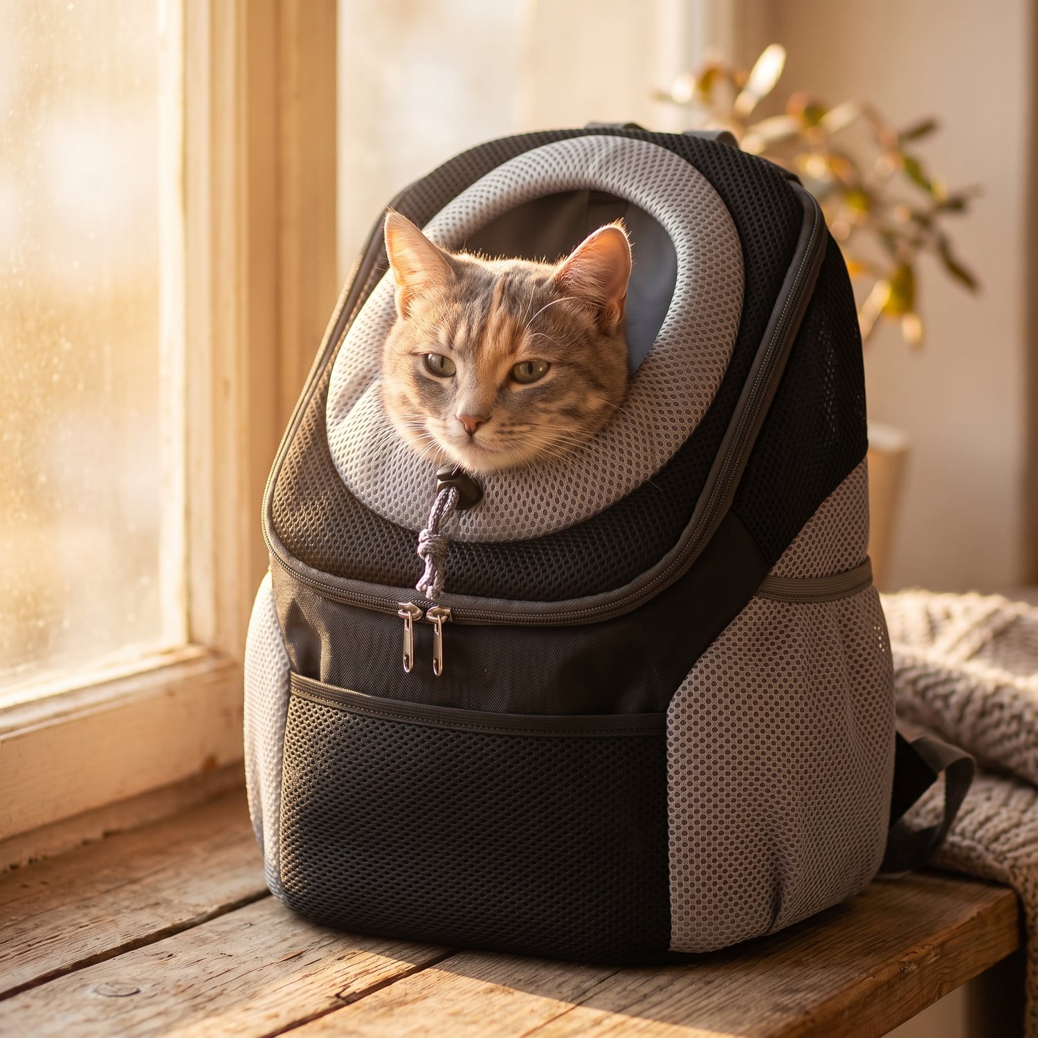 Pet Shoulder Bag in Black front view portable chest backpack for cats and small dogs on white background