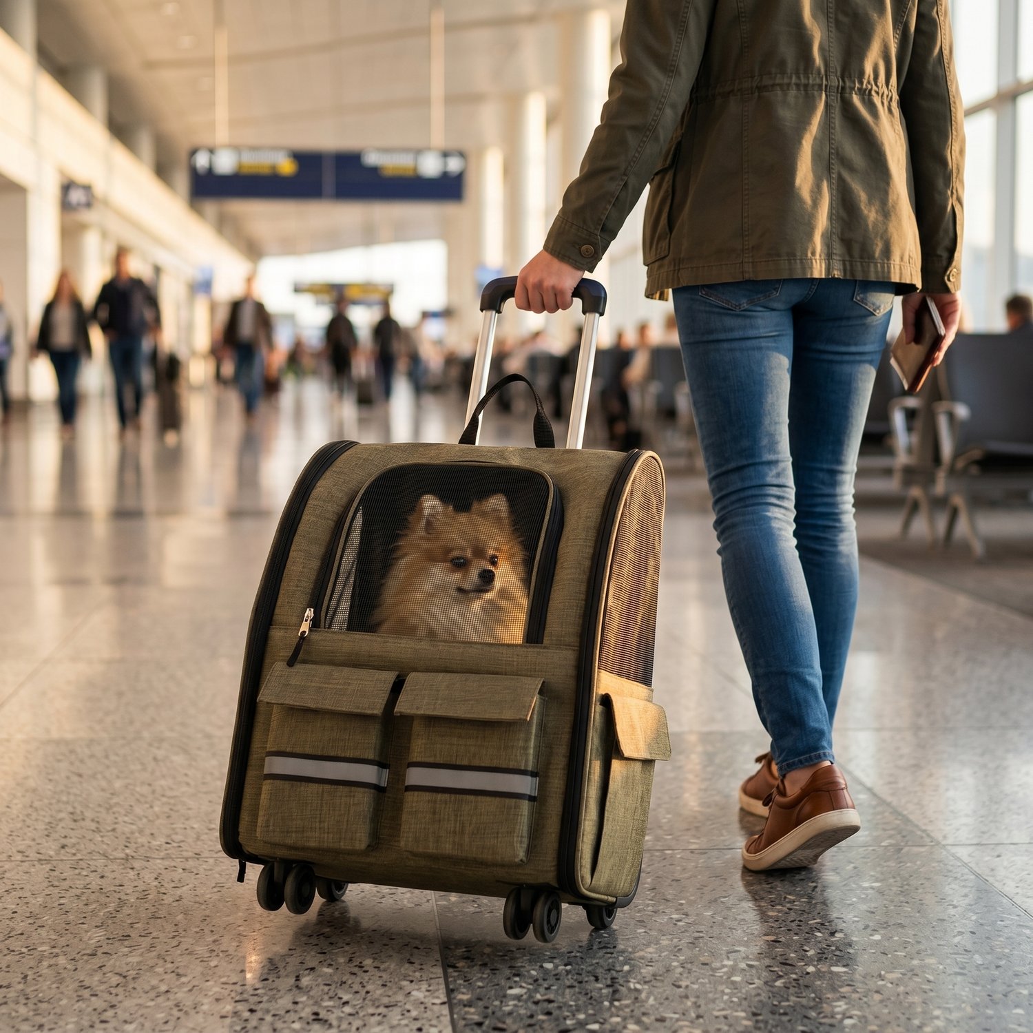 Pull Rod Pet Bag in Gray with wheels extended and retractable handle foldable travel carrier for cats and small dogs on white background