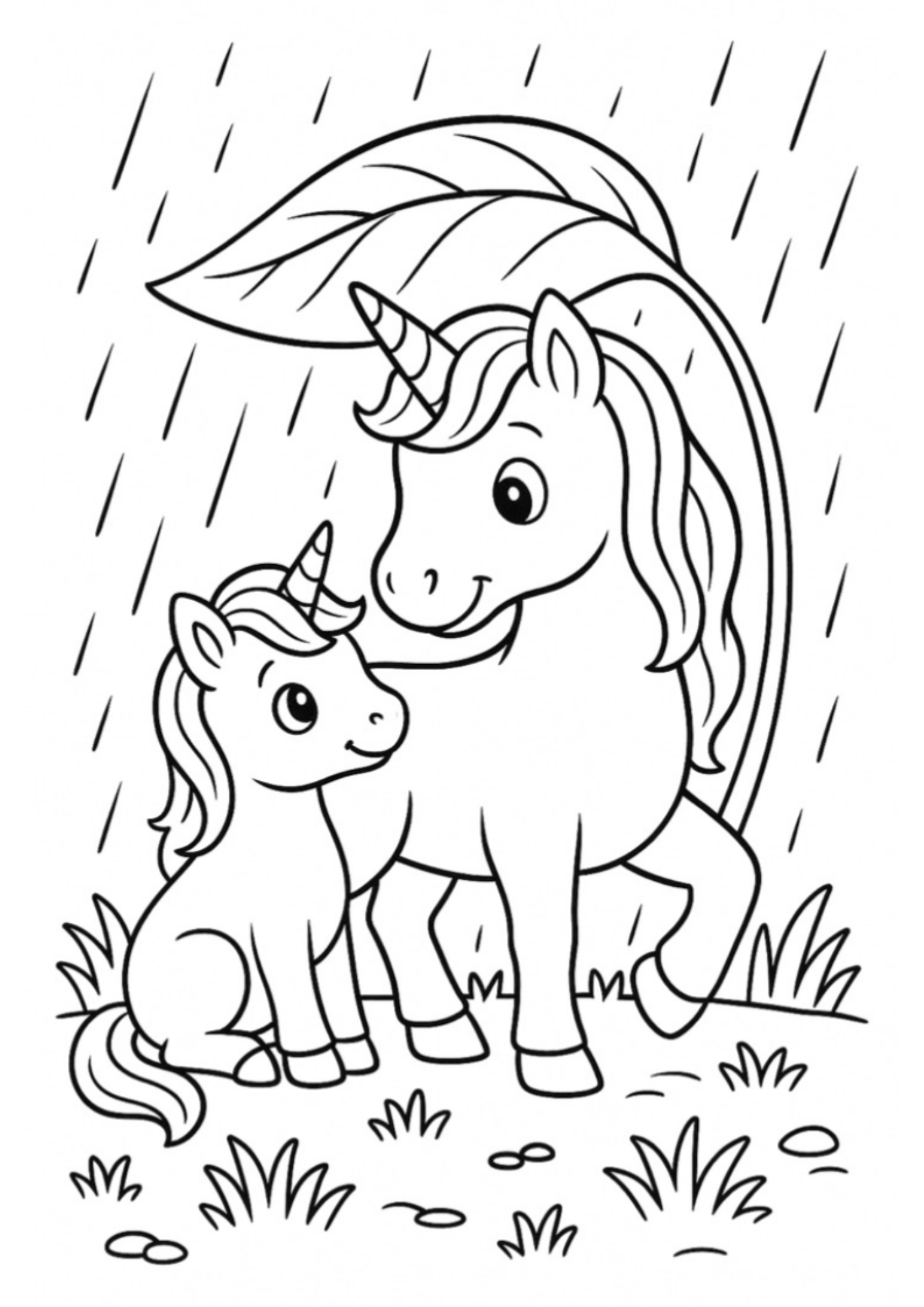 Black and white unicorn coloring page featuring a mother unicorn and baby unicorn standing together in the rain.