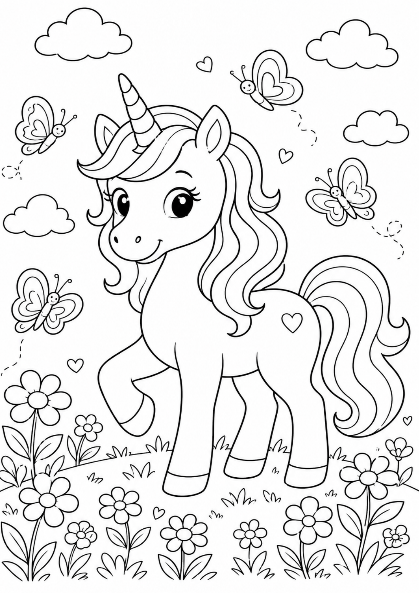 Black and white unicorn coloring page featuring a smiling unicorn with butterflies, clouds and flowers.