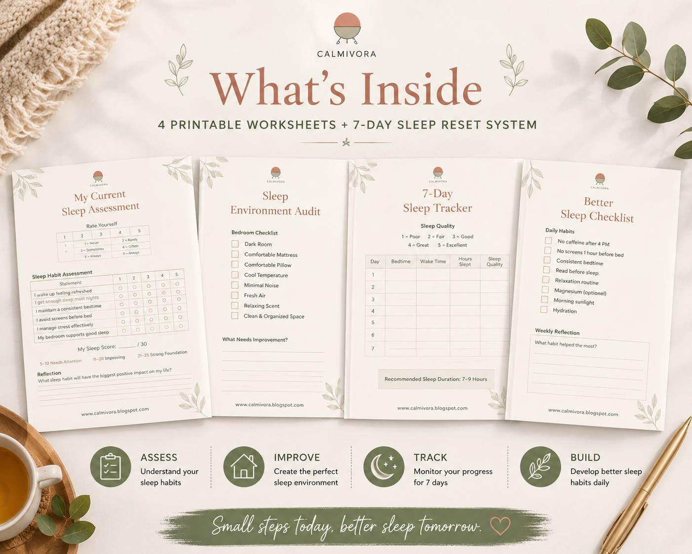 Preview of the Free Sleep Reset Starter Kit showing sleep assessment worksheet, sleep environment audit, 7-day sleep tracker, and bedtime habit checklist pages.