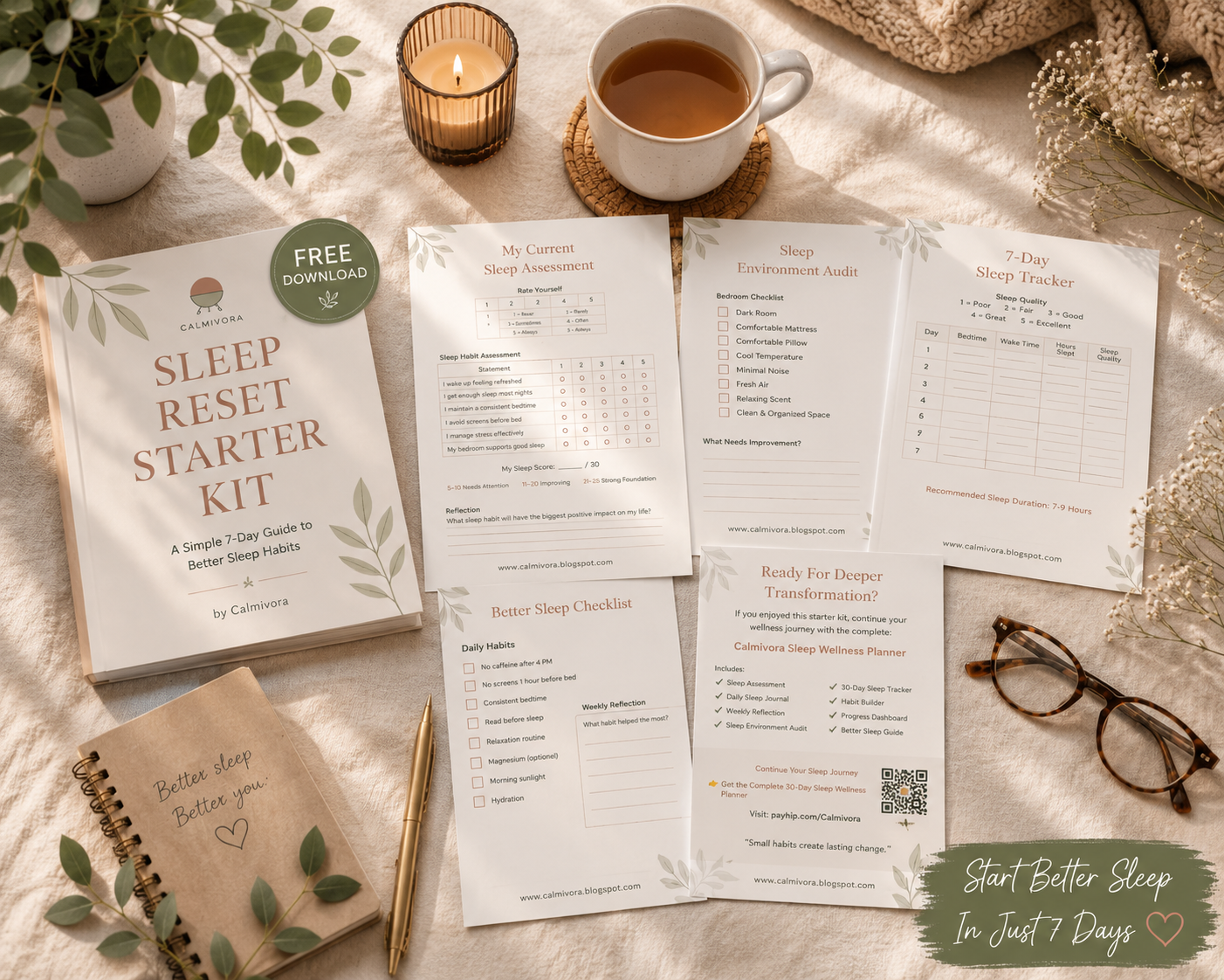 Printable sleep wellness workbook on a cozy desk with tea, notebook, and plant, designed to help improve sleep habits and bedtime routines.