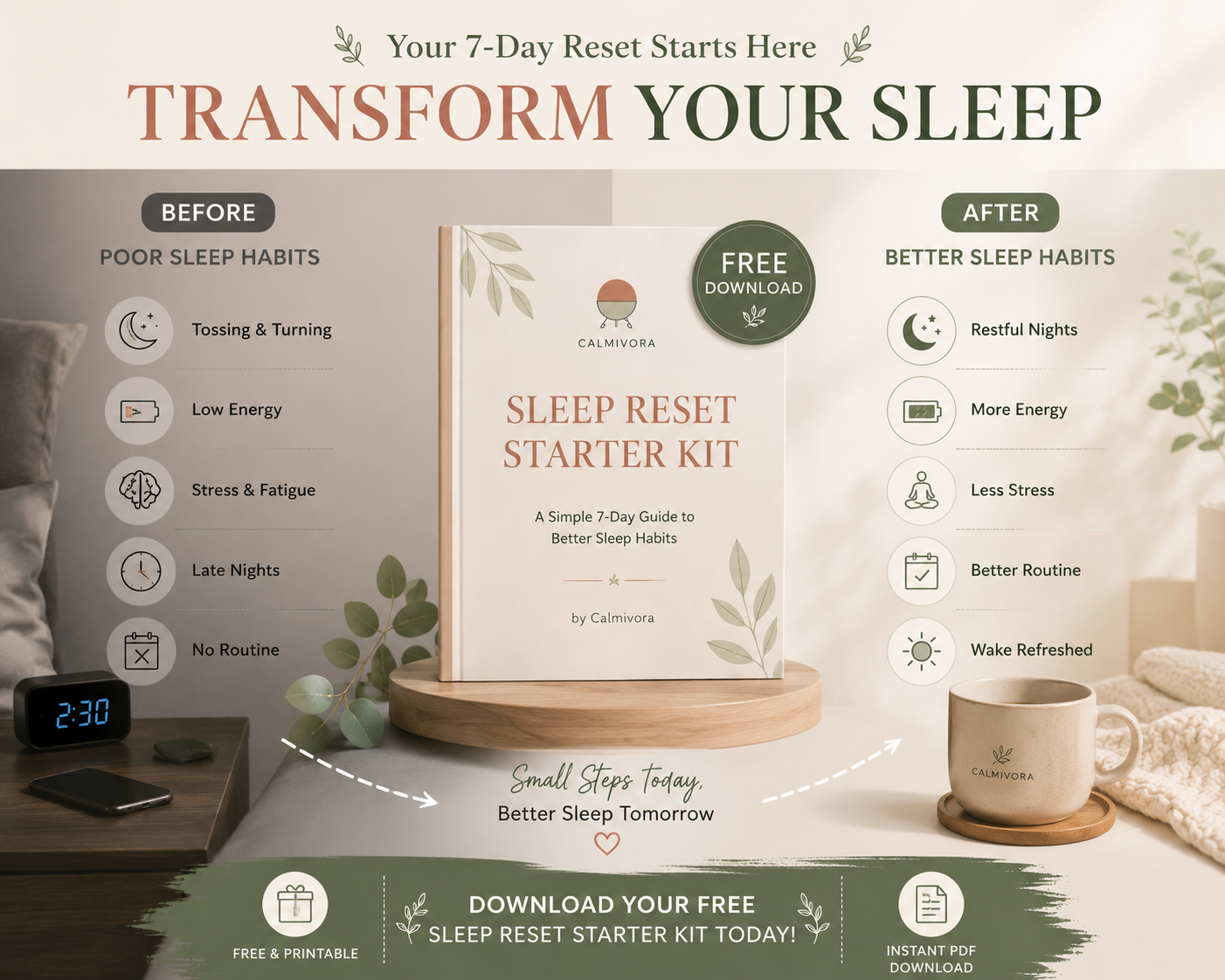 Before and after sleep transformation graphic showing progress from poor sleep habits and low energy to healthier routines and better sleep quality.