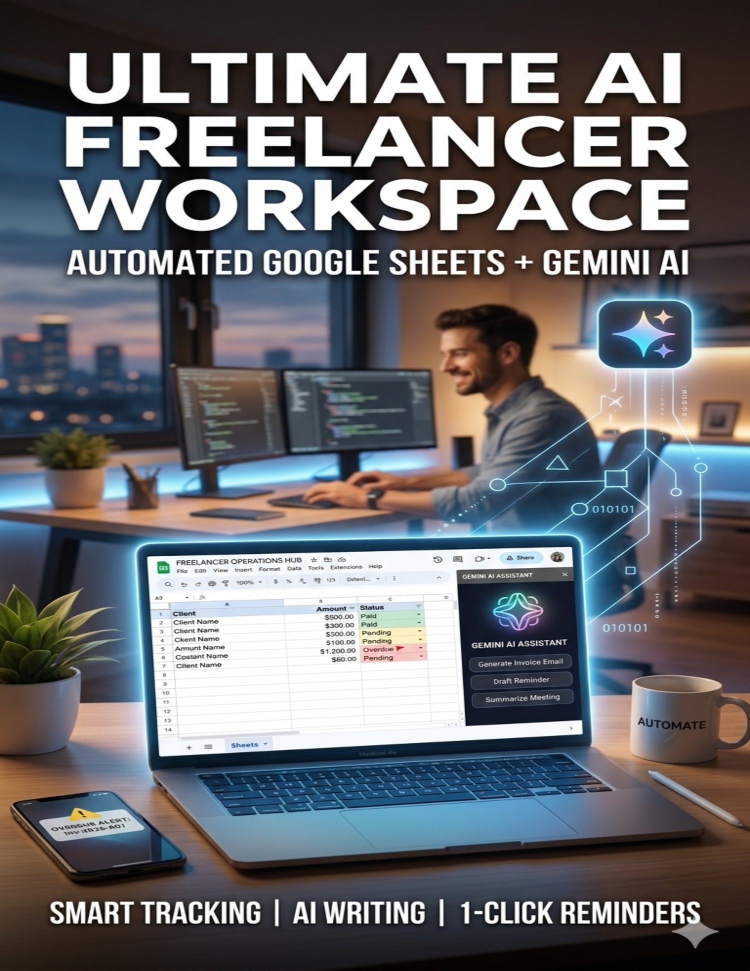Laptop showing a Google Sheets 'Freelancer Operations Hub' with a custom Gemini AI assistant sidebar, automated financial tracking, and invoice layouts