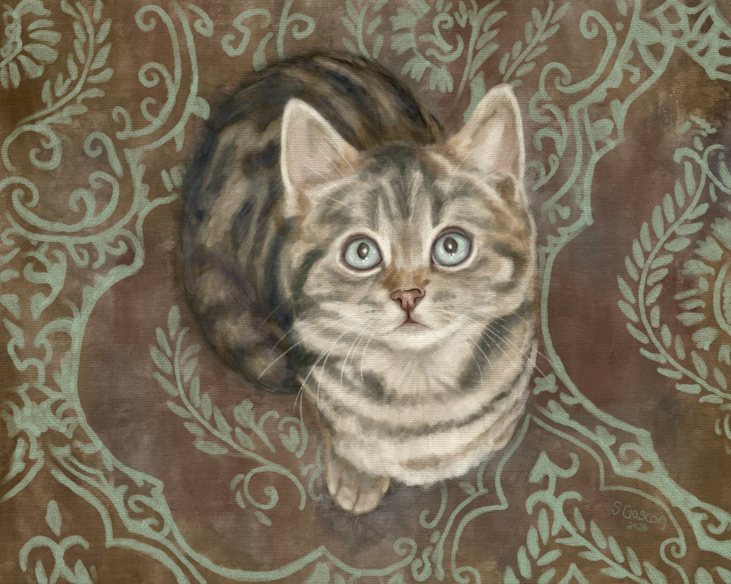 Gray tabby kitten on patterned carpet