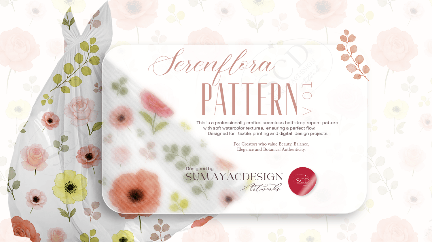 Serenflora Watercolor Premium Floral Pattern for Print & Digital Design Projects.  | Set of 5 Colors | Elegant Botanical Digital Design. by SumayaCDesignArtworks designed ***for creators who value beauty, balance, elegance and botanical authenticity.