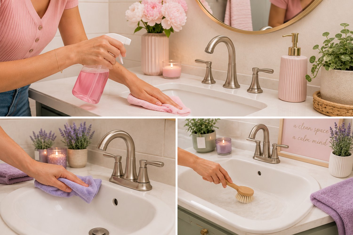 Images of a hand cleaning the bathroom sink