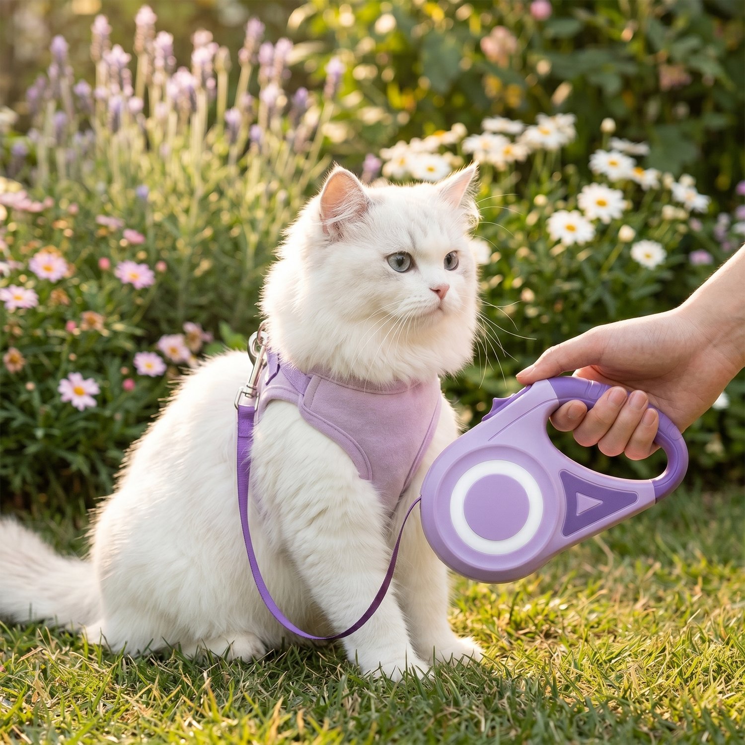 Gray tabby cat walking cautiously on sidewalk with green retractable leash attached owner hand holding handle