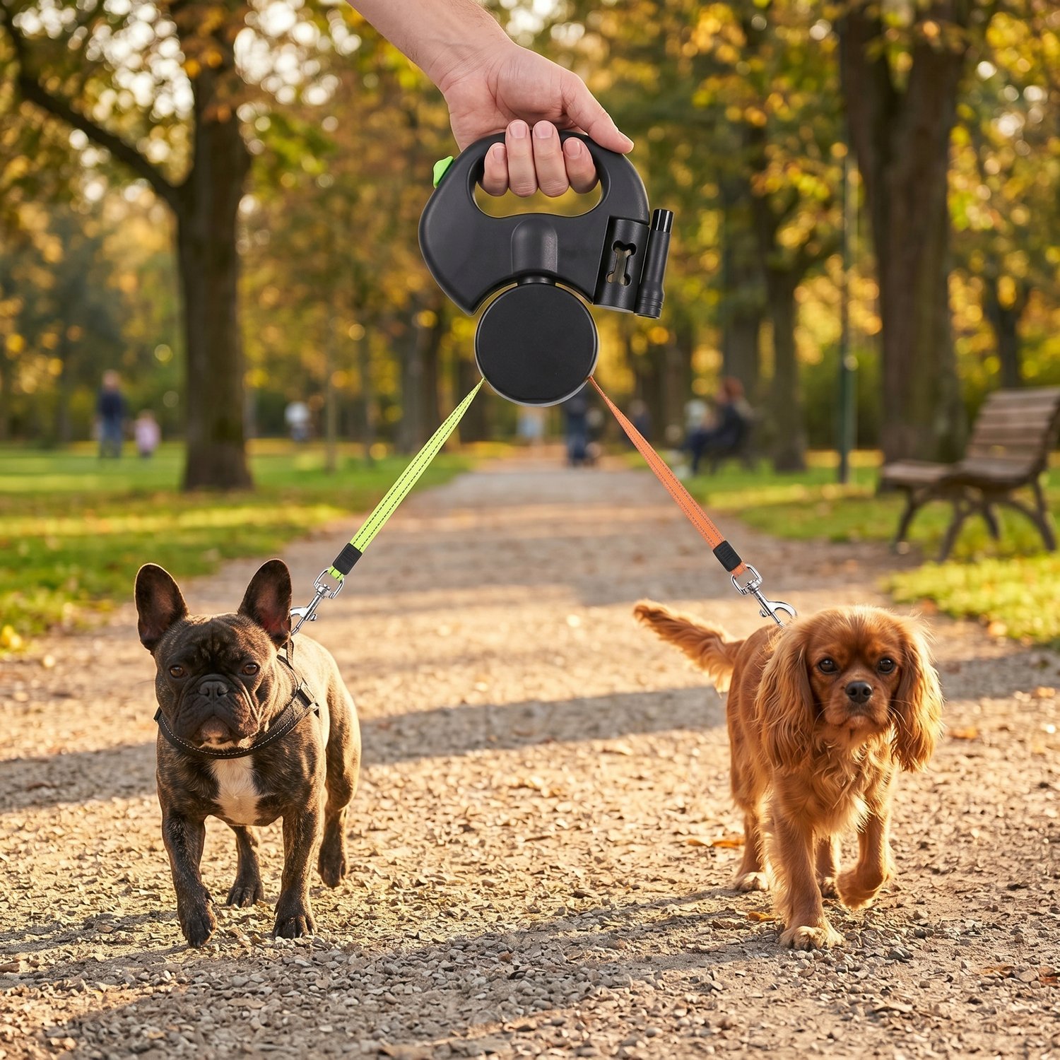 Two small dogs walking side by side on park path with Dual Retractable Leash in Black leashes extended