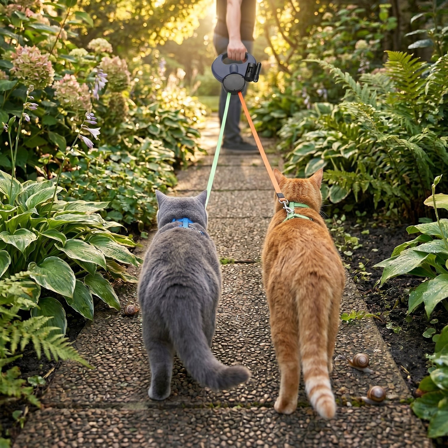 Two cats orange tabby and gray British shorthair walking on garden path with Dual Retractable Leash in Blue