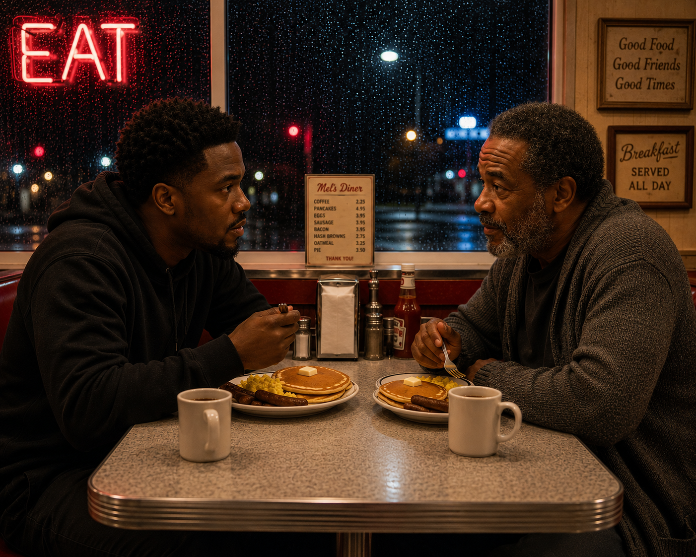 Late-night breakfast and conversation