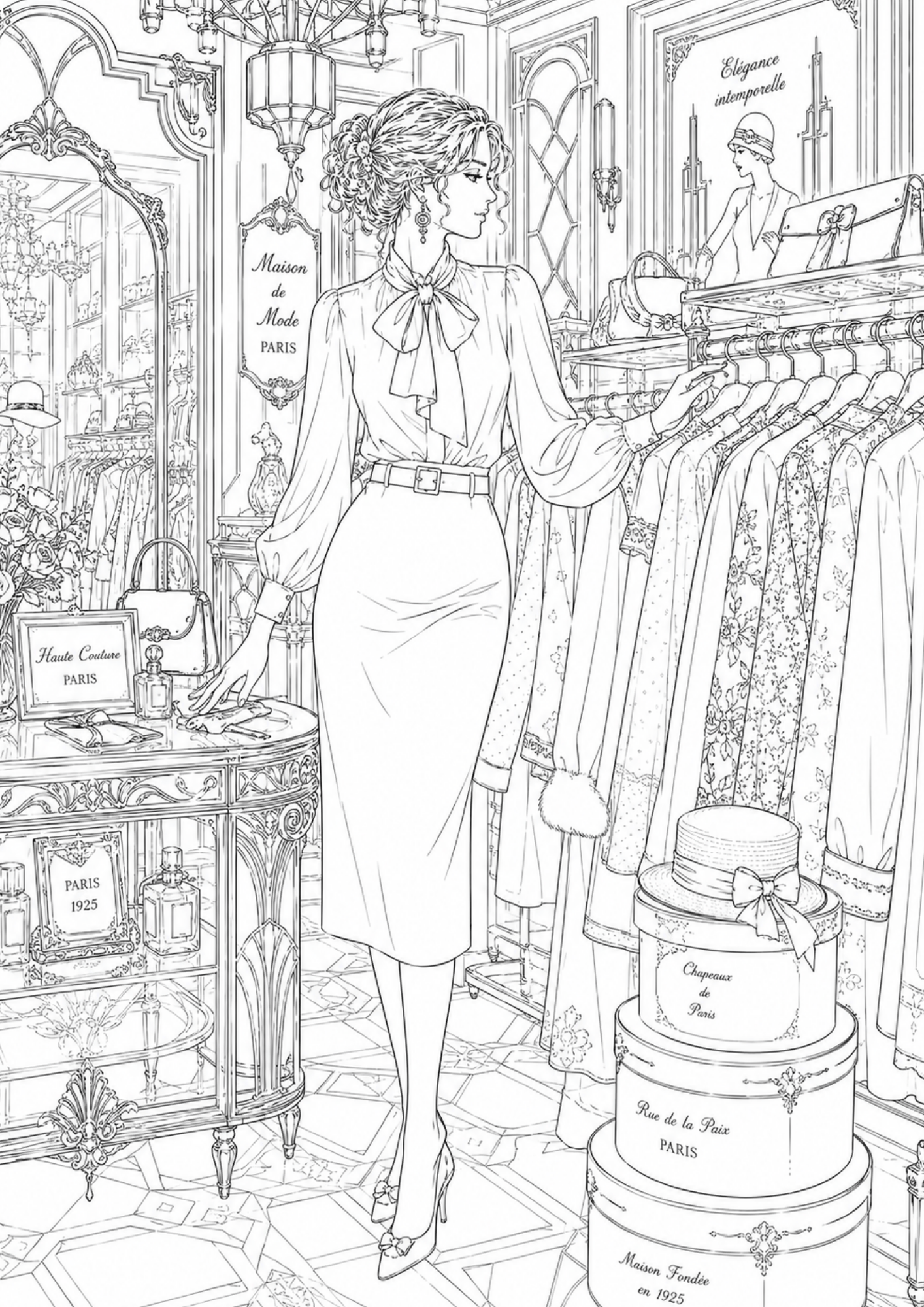 Printable coloring page of an elegant woman shopping in a Paris fashion boutique.