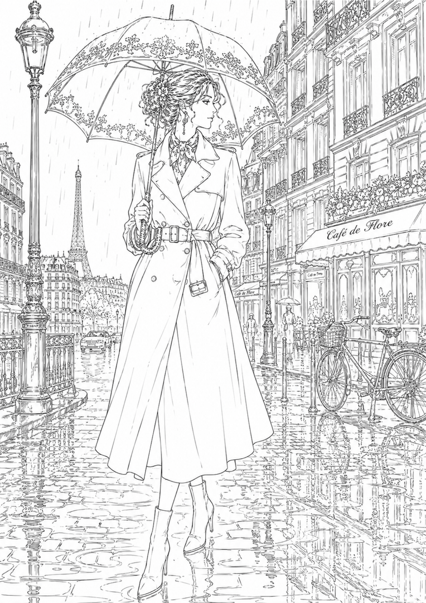 Printable Paris coloring page featuring an elegant woman with an umbrella on a romantic Paris street.