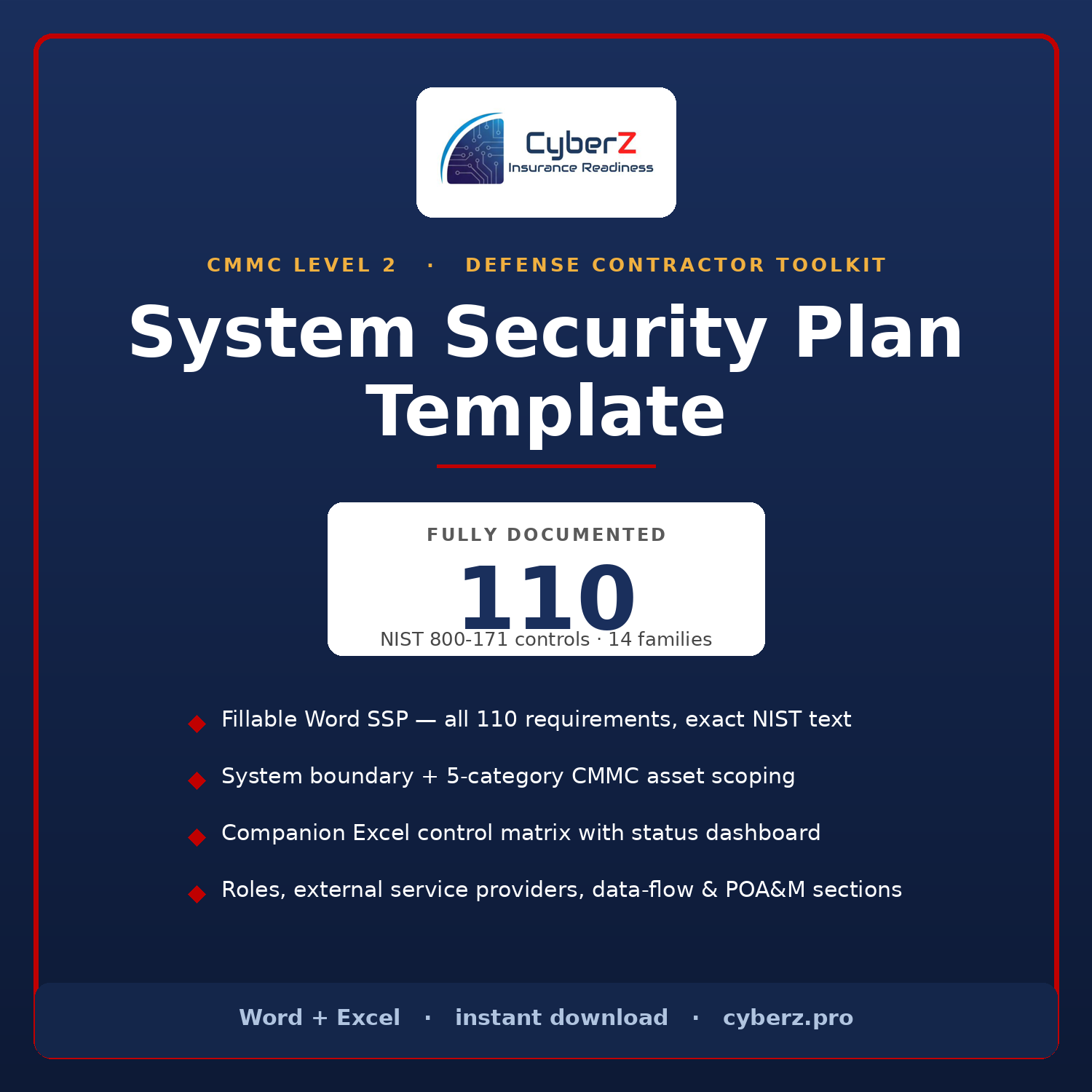 CMMC Level 2 System Security Plan SSP template for NIST 800-171 — Word and Excel