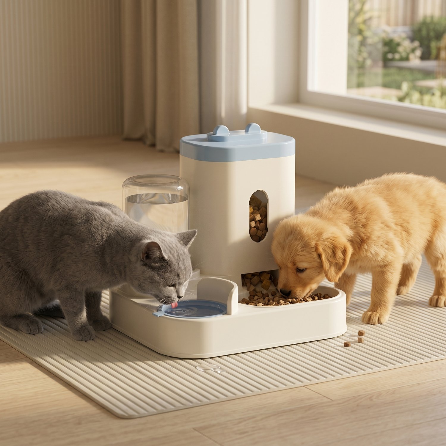 Small golden dog eating kibble from blue Automatic Pet Feeder on tiled floor food tank full