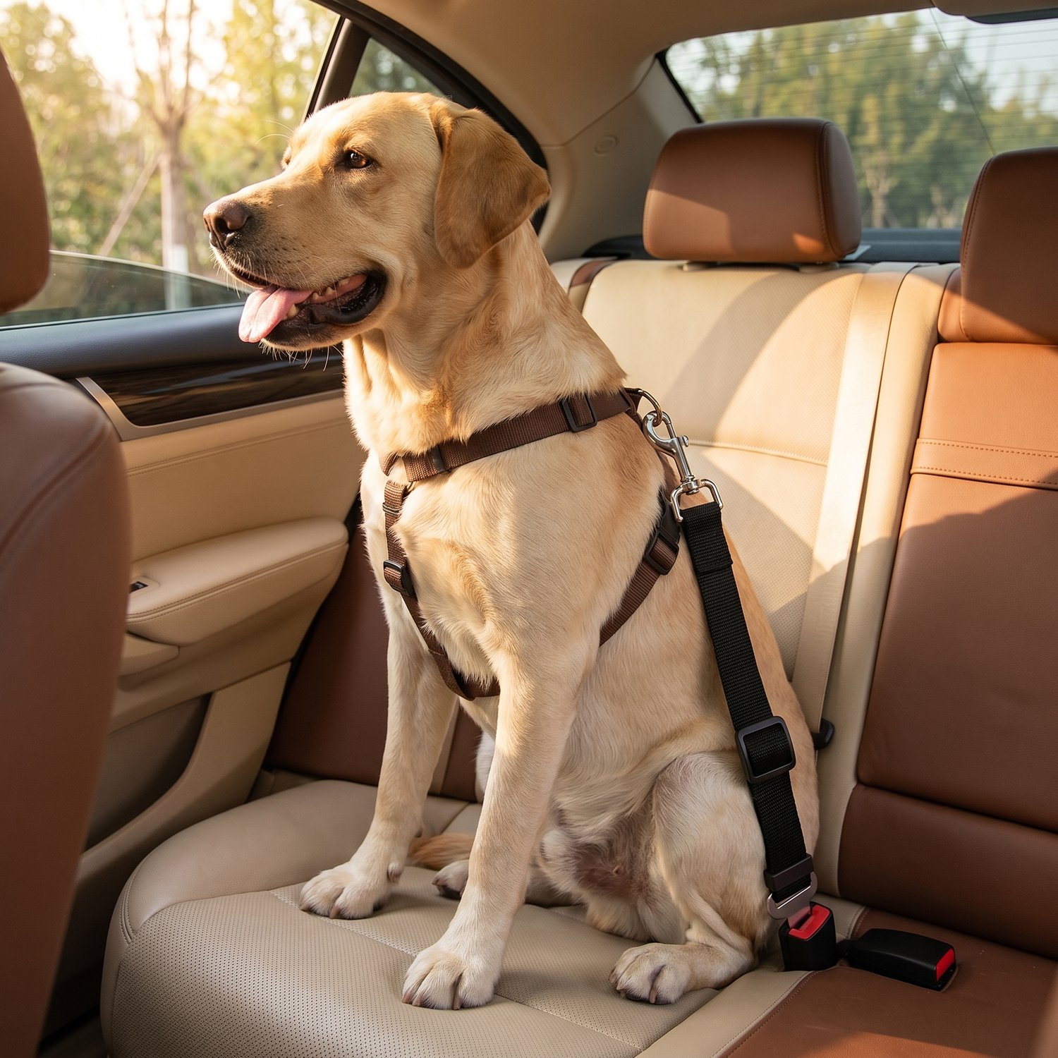 Pet Car Seat Belt in Army Green clipped into car seatbelt buckle interior car view