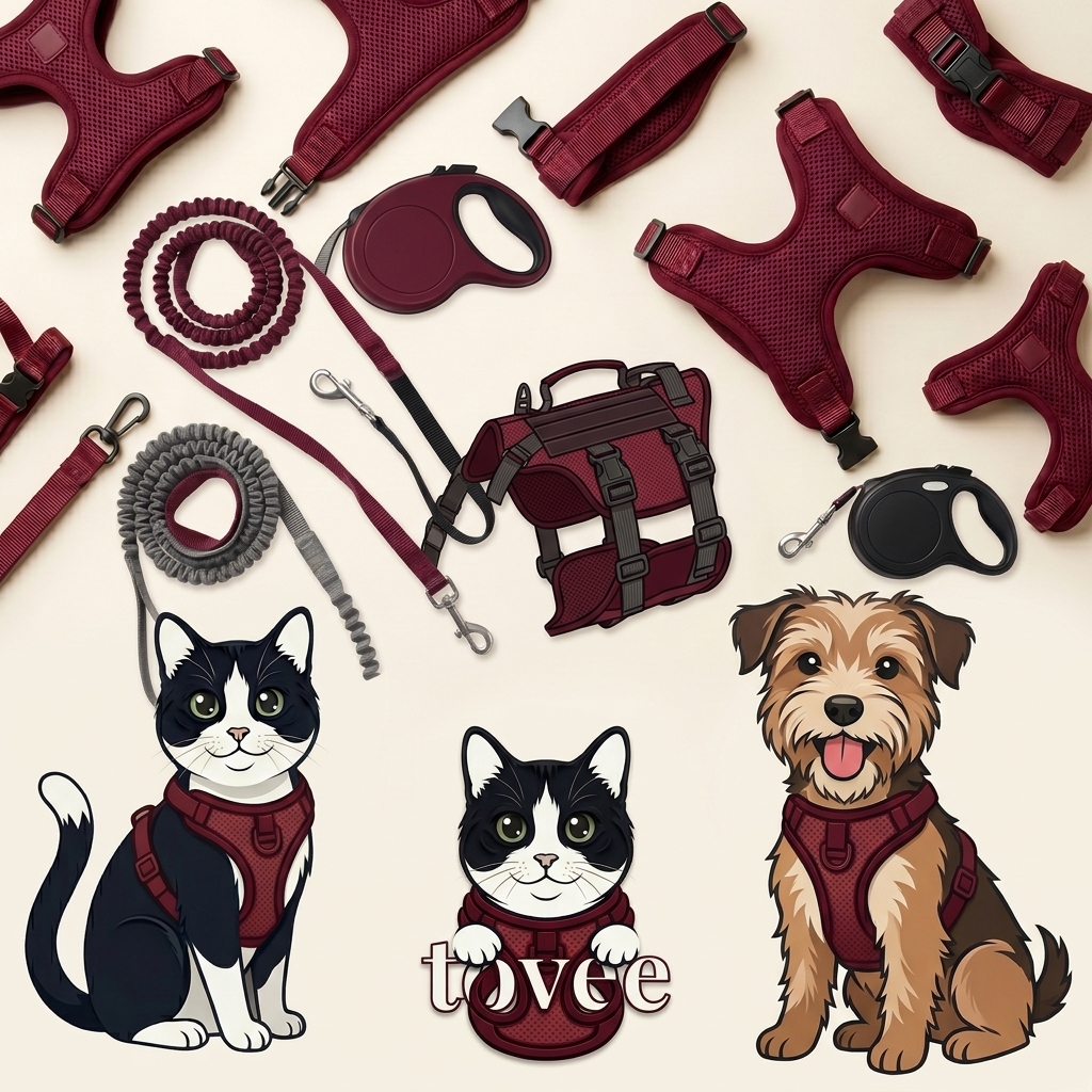 Walk & Wear Collection flat lay with burgundy mesh pet harnesses retractable leashes bungee leashes and nylon leashes illustrated tuxedo cat and terrier dog on cream background walking gear for dogs and cats