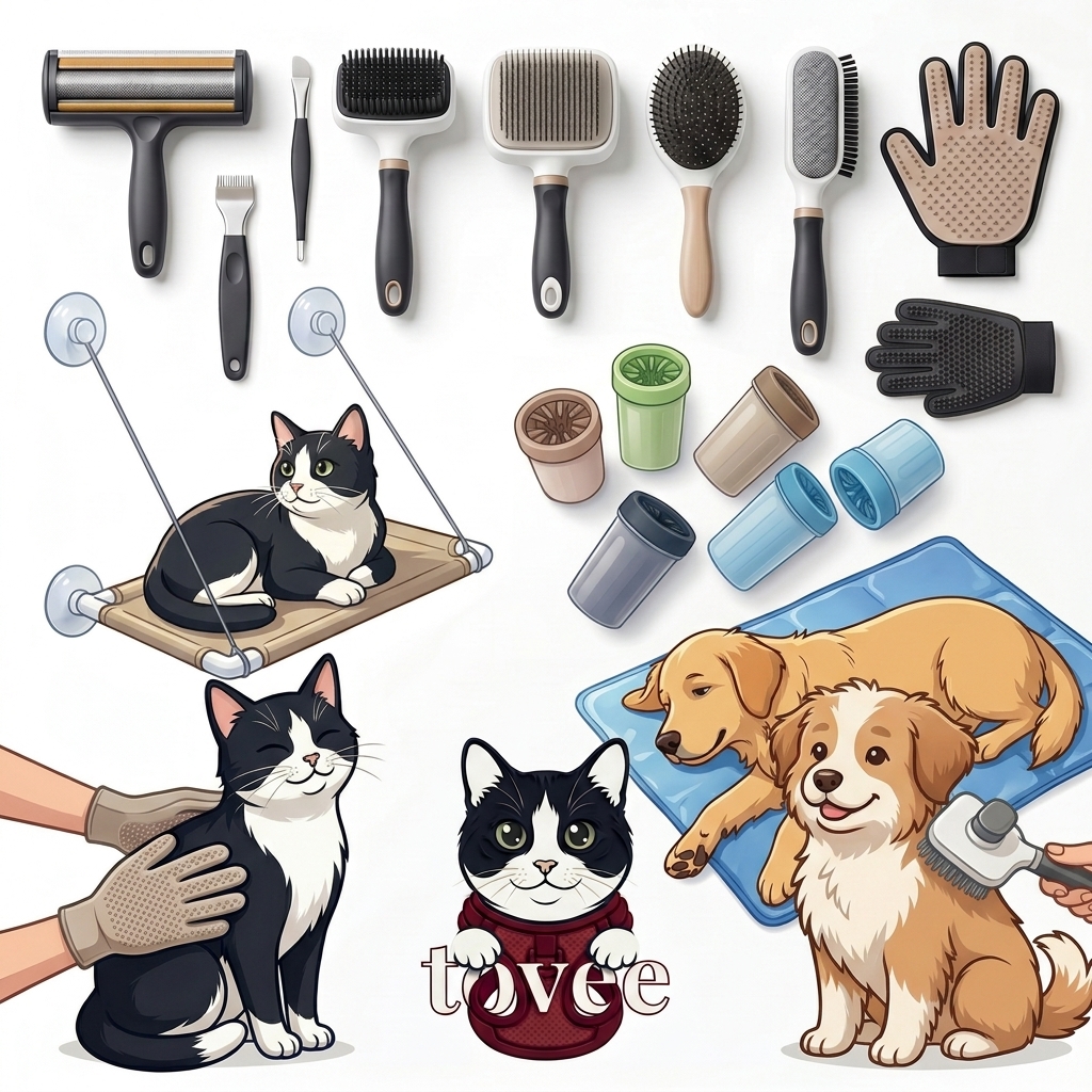 Walk & Wear Collection flat lay with burgundy mesh pet harnesses retractable leashes bungee leashes and nylon leashes illustrated tuxedo cat and terrier dog on cream background walking gear for dogs and cats