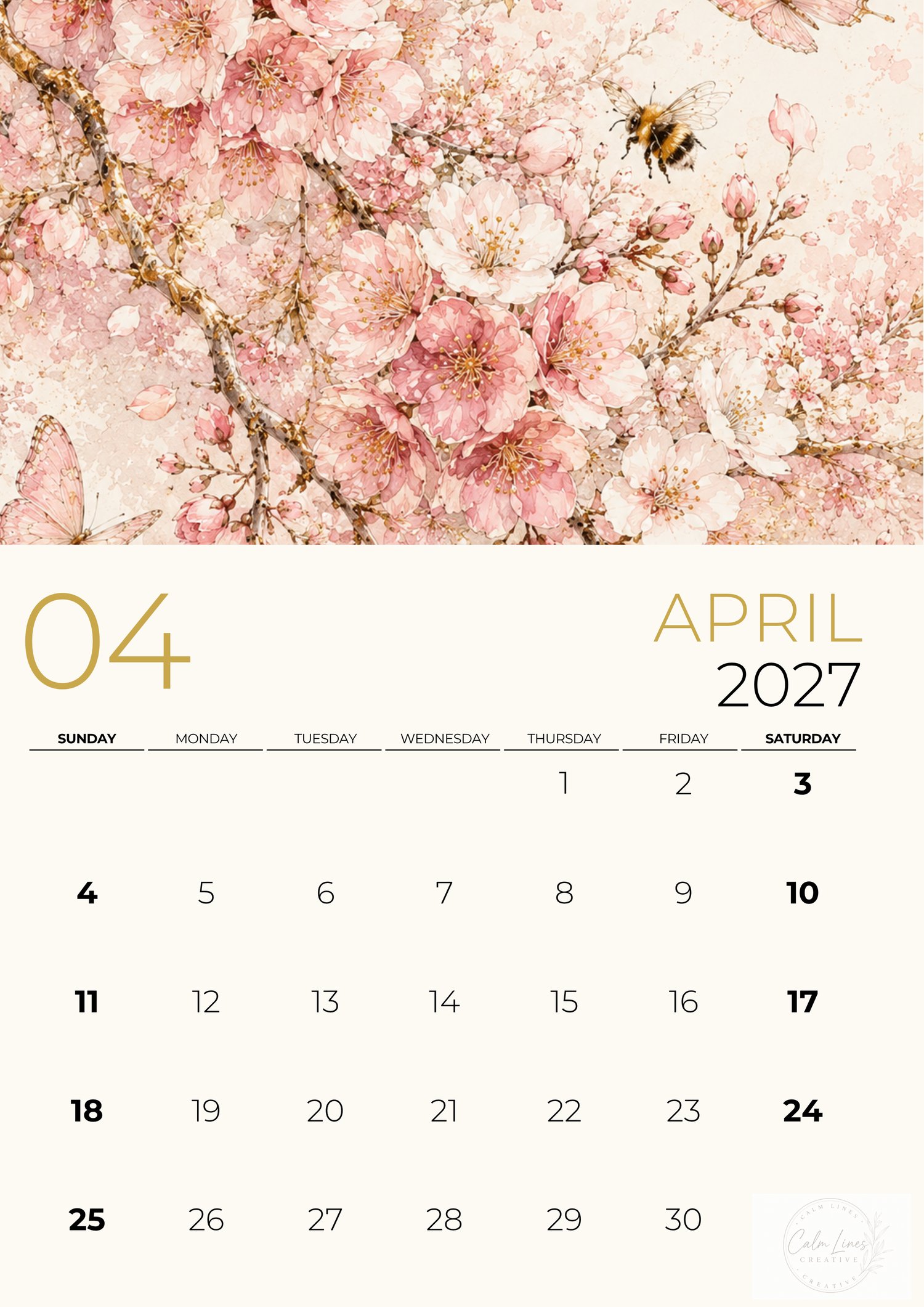 Printable April 2027 botanical wall calendar featuring blooming spring flowers, soft pastel blossoms and elegant monthly calendar layout.