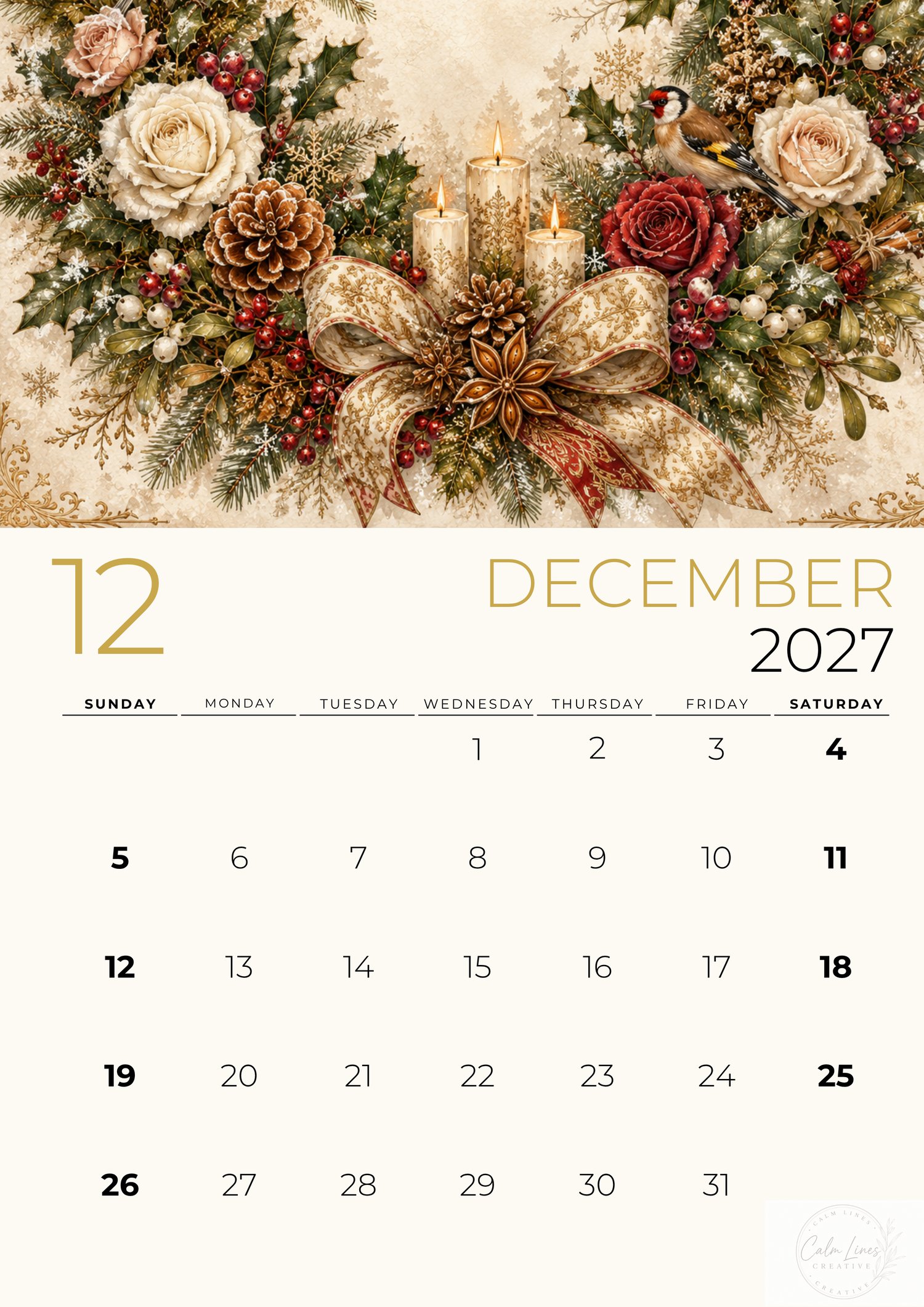 December 2027 printable botanical wall calendar featuring elegant winter floral artwork with festive seasonal decorations.