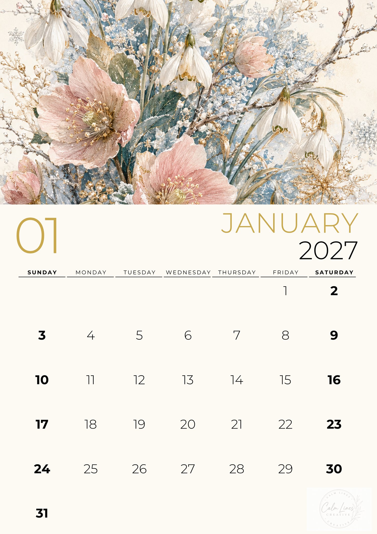 Printable January 2027 botanical wall calendar featuring delicate winter flowers, elegant floral artwork and minimalist monthly calendar layout.