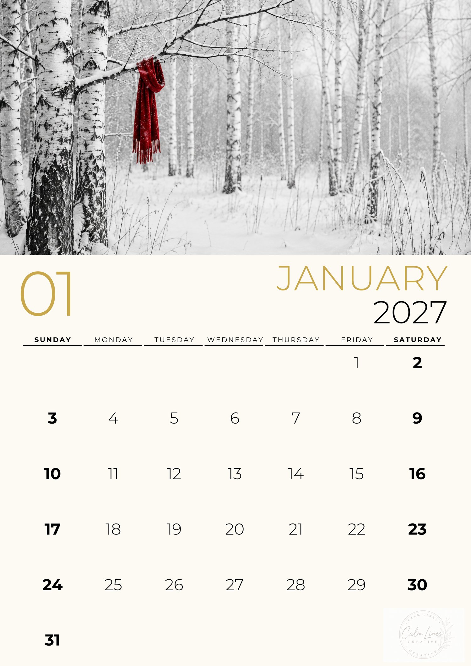 January 2027 printable calendar page featuring a snowy birch forest with a red scarf in black and white photography.
