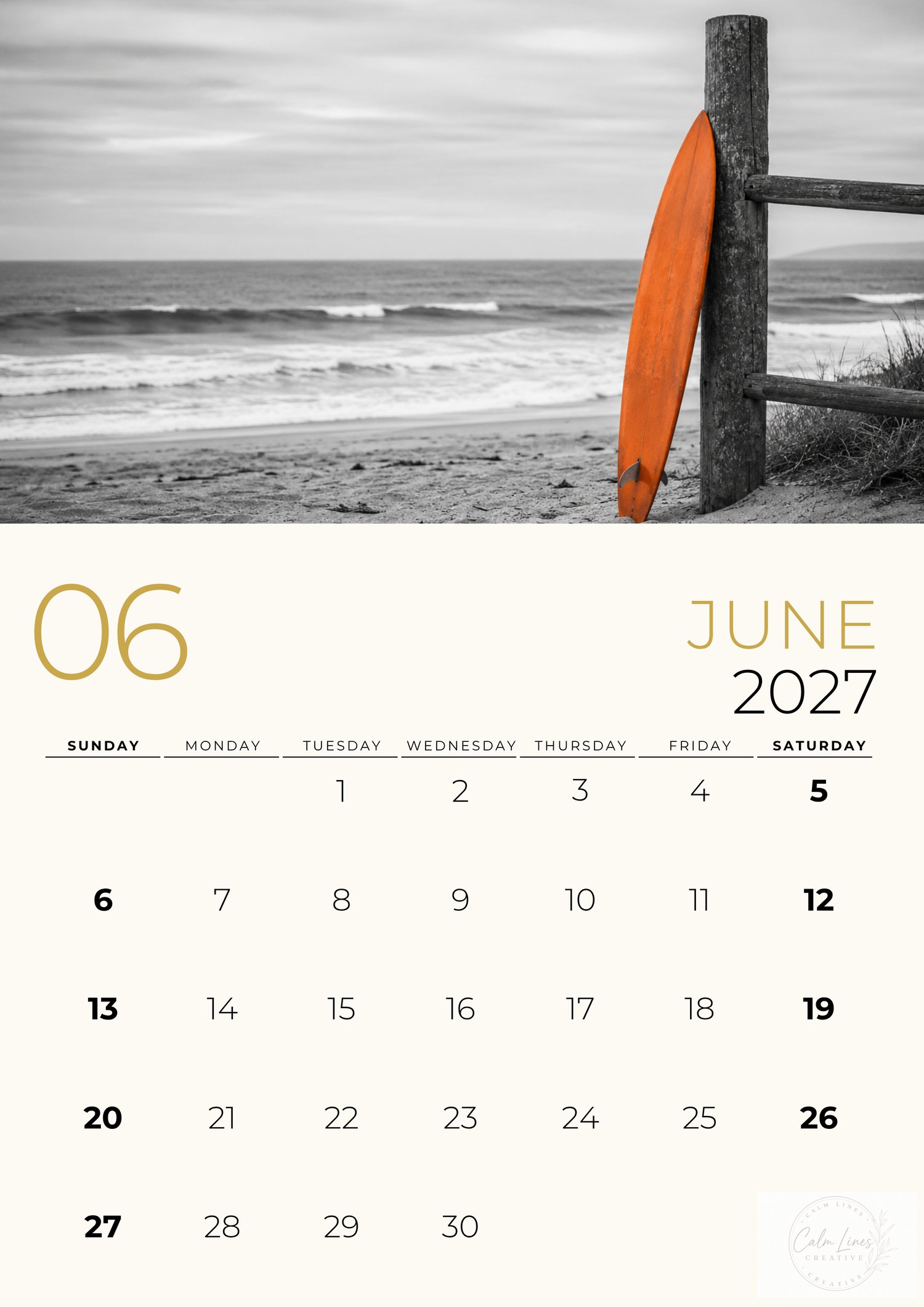 June 2027 printable calendar page featuring a beach scene with an orange surfboard in selective color.