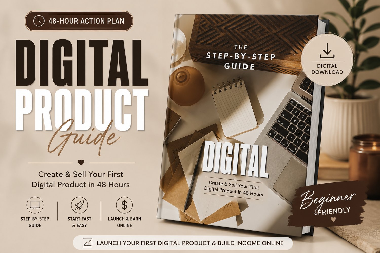 Minimalist cover page of a guide titled 'DIGITAL: Create & Sell Your First Digital Product in 48 Hours' featuring an aesthetic workspace layout with a laptop, a notebook, and paper envelopes under warm lighting.