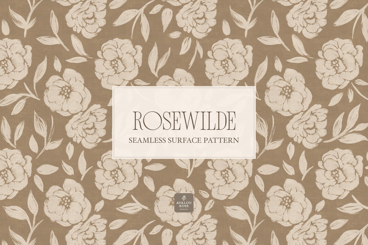 Cottage style beige and tan seamless surface pattern featuring roughly painted tossed roses and leaves with a linen texture.