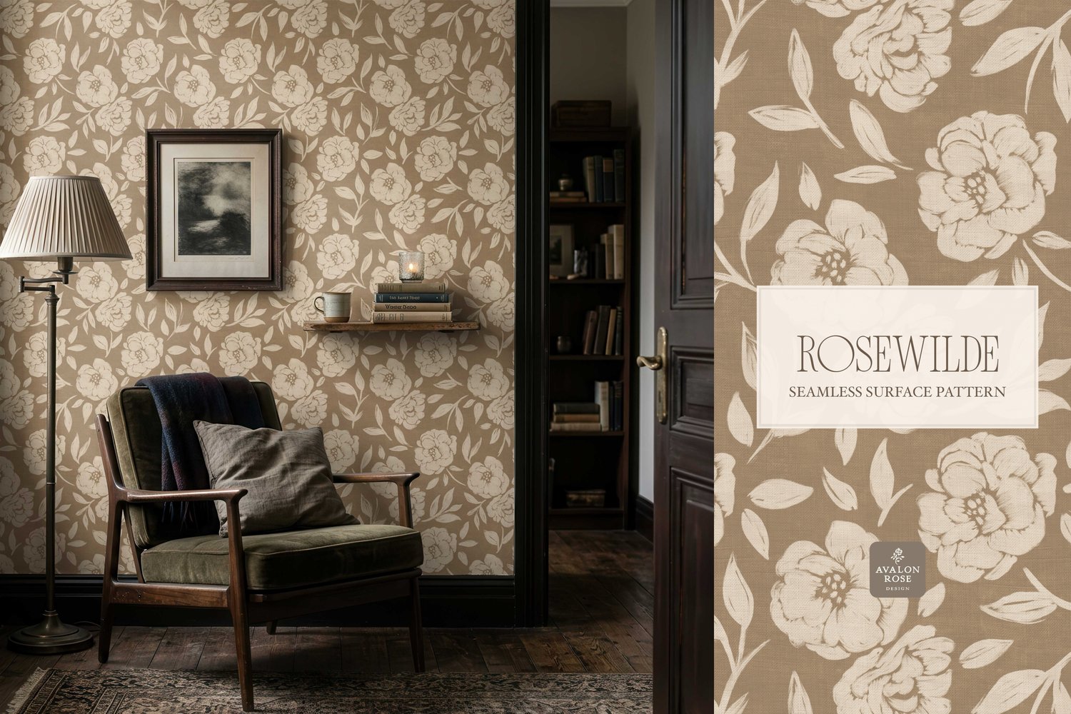 Cottage style beige and tan seamless surface pattern featuring roughly painted tossed roses and leaves with a linen texture on living room wallpaper