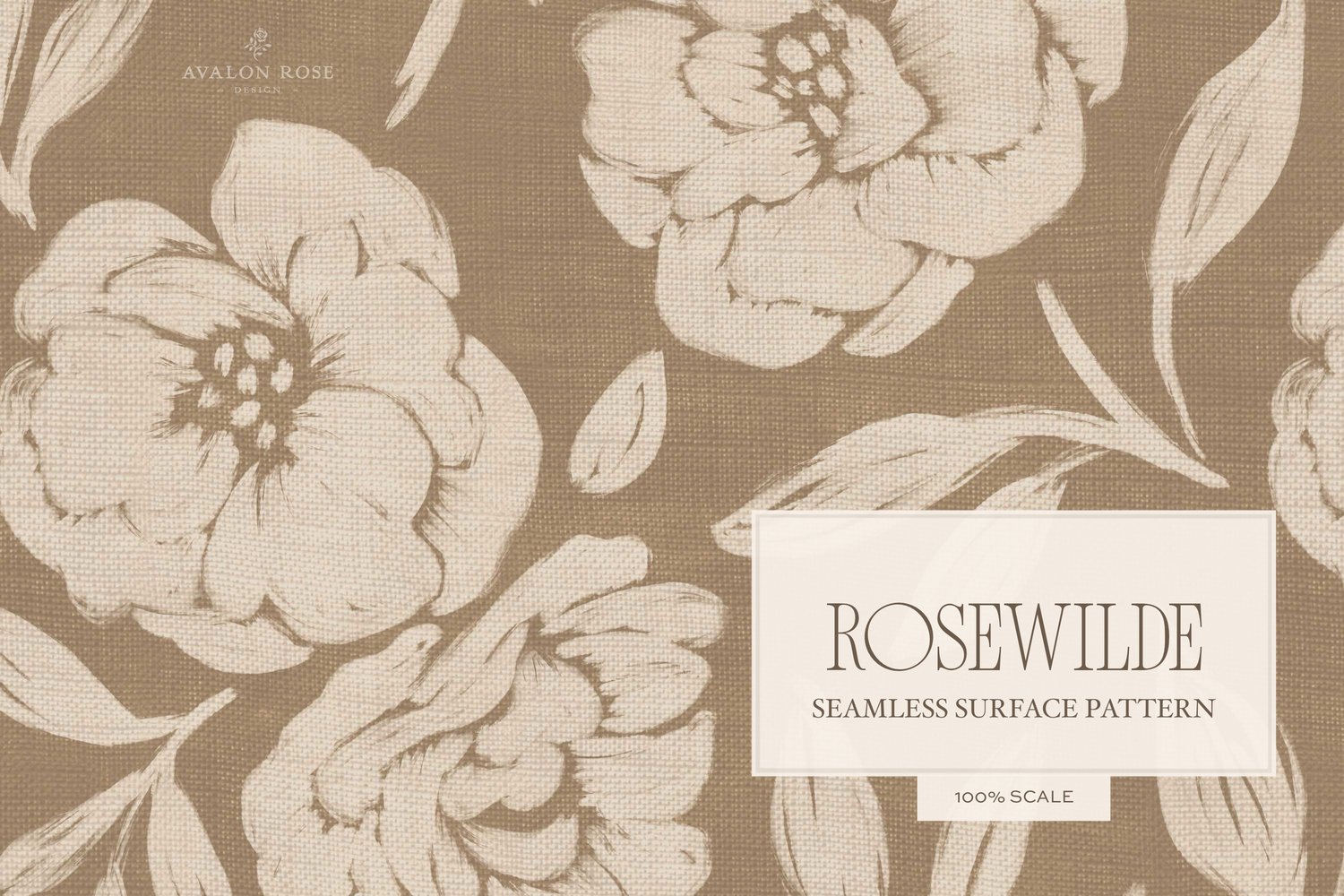 Cottage style beige and tan seamless surface pattern featuring roughly painted tossed roses and leaves with a linen texture.