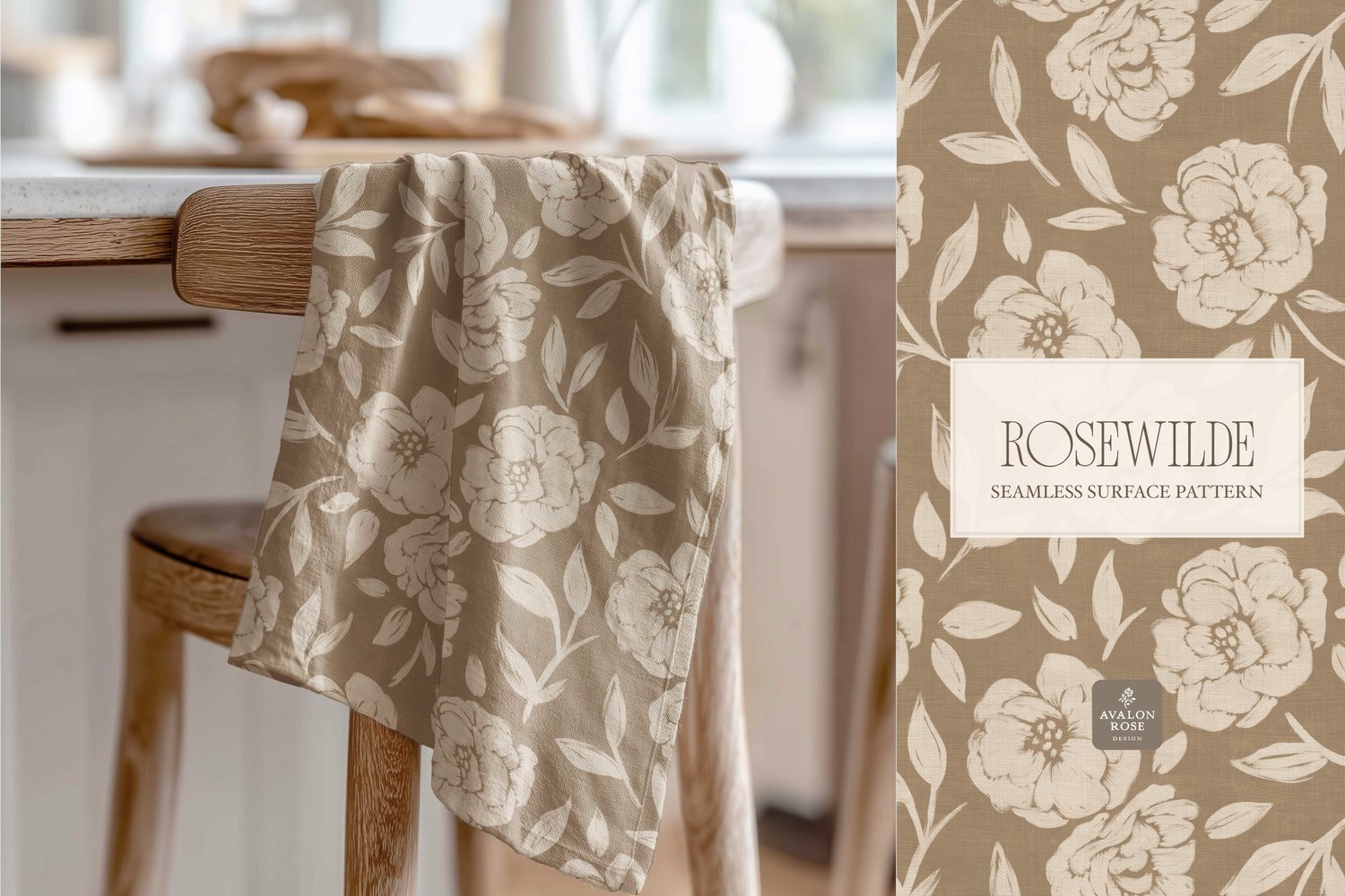 Cottage style beige and tan seamless surface pattern featuring roughly painted tossed roses and leaves with a linen texture on a tea towel