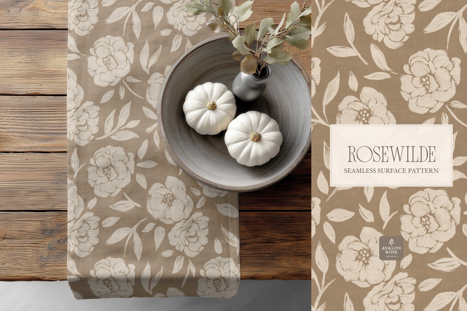 Cottage style beige and tan seamless surface pattern featuring roughly painted tossed roses and leaves with a linen texture on a table runner