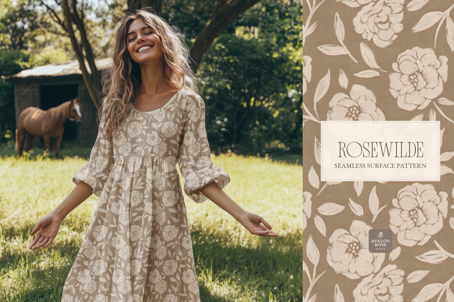 Cottage style beige and tan seamless surface pattern featuring roughly painted tossed roses and leaves with a linen texture on a dress worn by a young woman