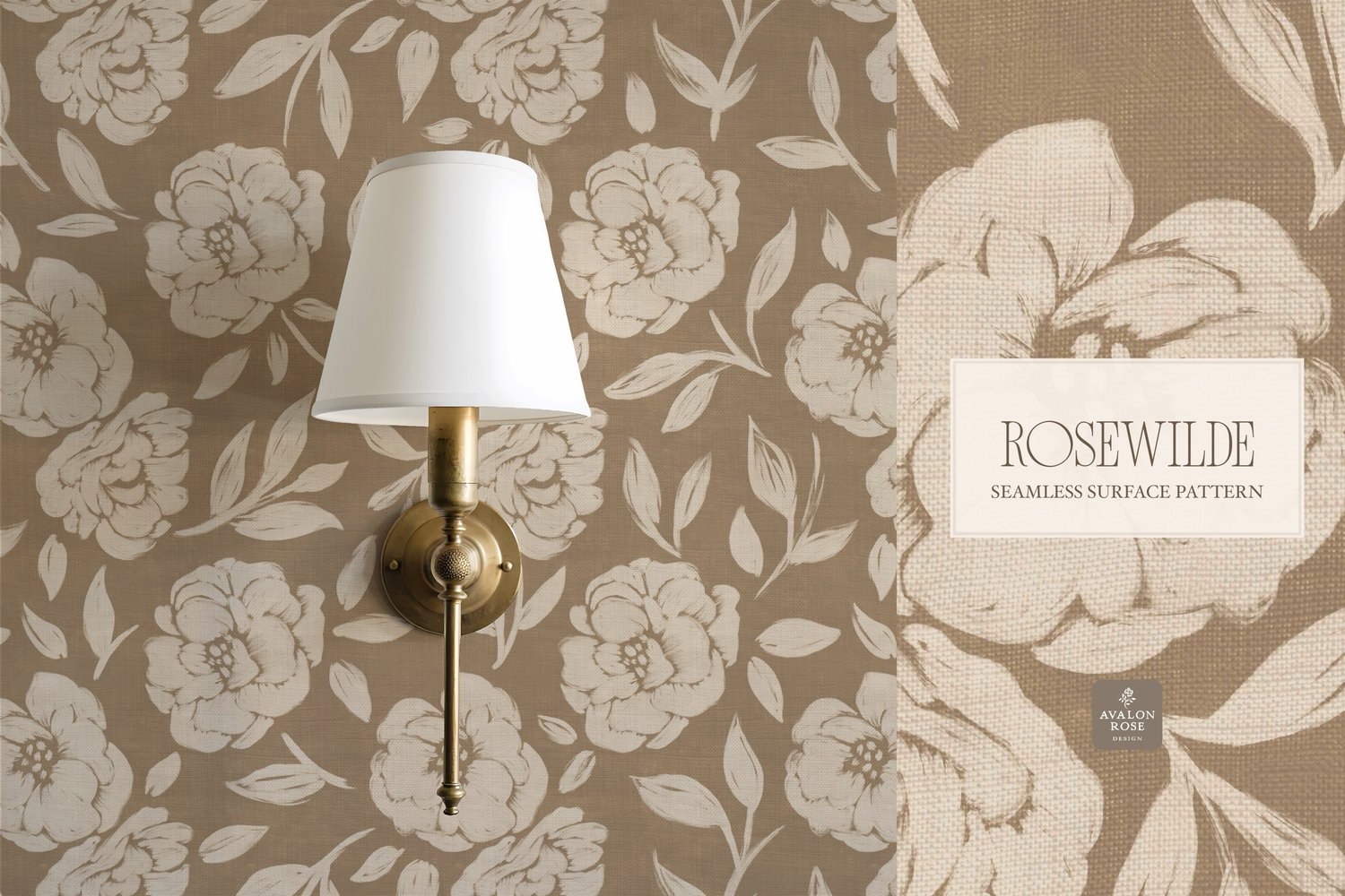 Cottage style beige and tan seamless surface pattern featuring roughly painted tossed roses and leaves with a linen texture on wallpaper