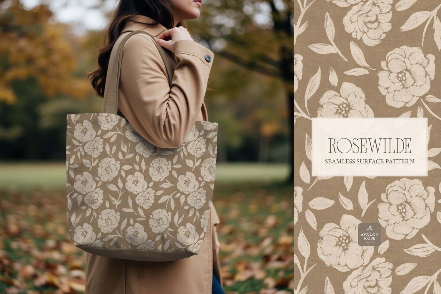 Cottage style beige and tan seamless surface pattern featuring roughly painted tossed roses and leaves with a linen texture on a tote bag held by a woman