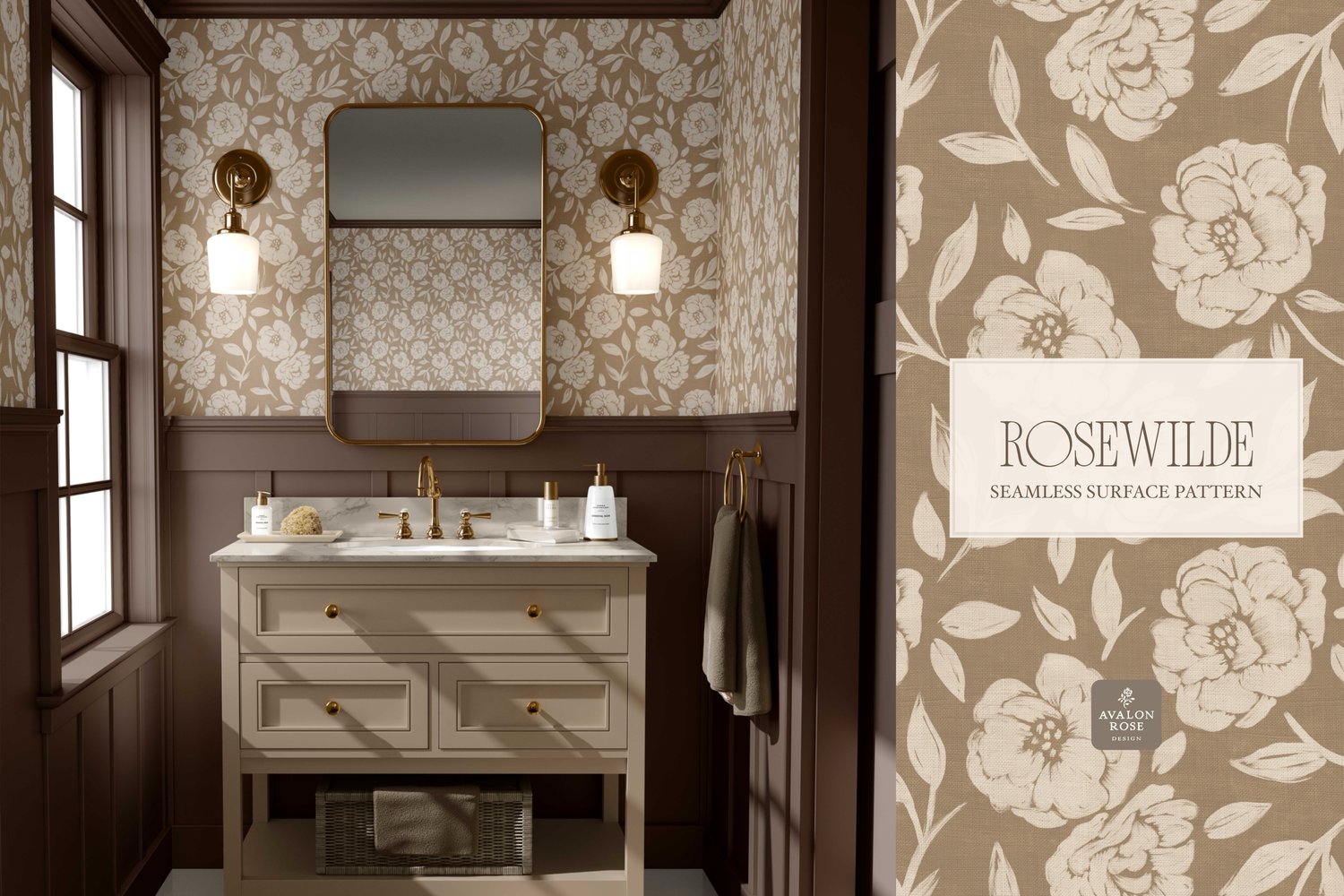 Cottage style beige and tan seamless surface pattern featuring roughly painted tossed roses and leaves with a linen texture on bathroom wallpaper