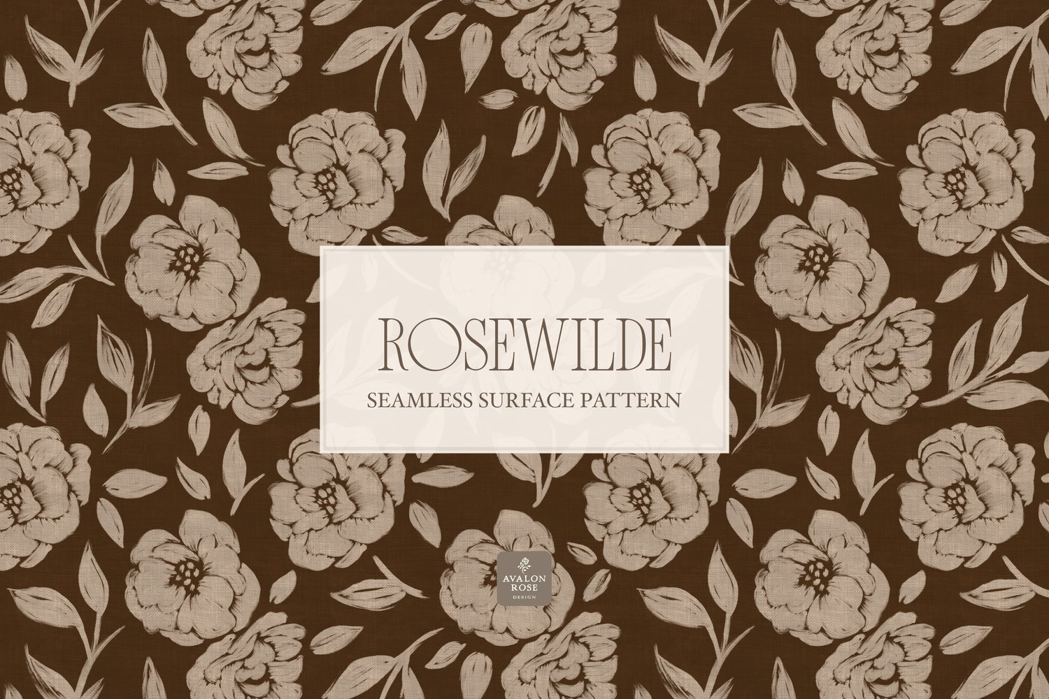 Cottage style beige and dark brown  seamless surface pattern featuring roughly painted tossed roses and leaves with a linen texture.