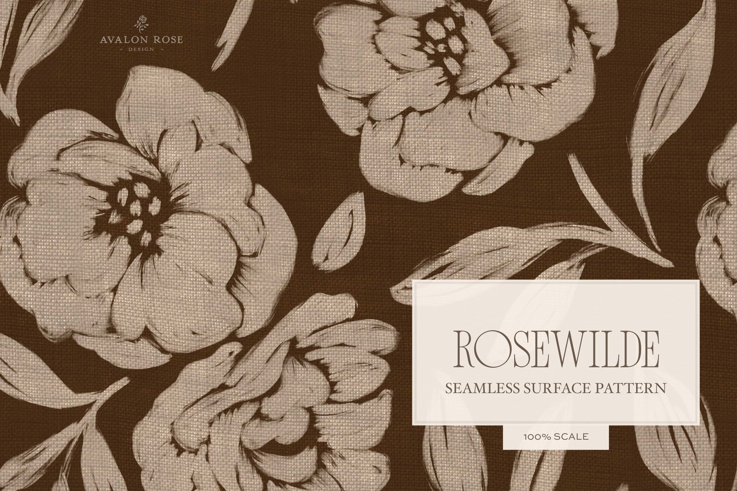 Cottage style beige and dark brown  seamless surface pattern featuring roughly painted tossed roses and leaves with a linen texture