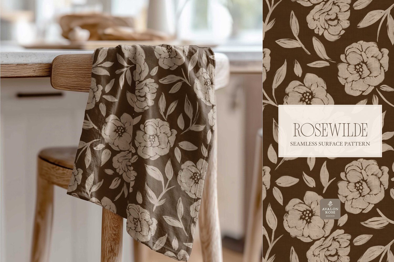 Cottage style beige and dark brown  seamless surface pattern featuring roughly painted tossed roses and leaves with a linen texture on a tea towel