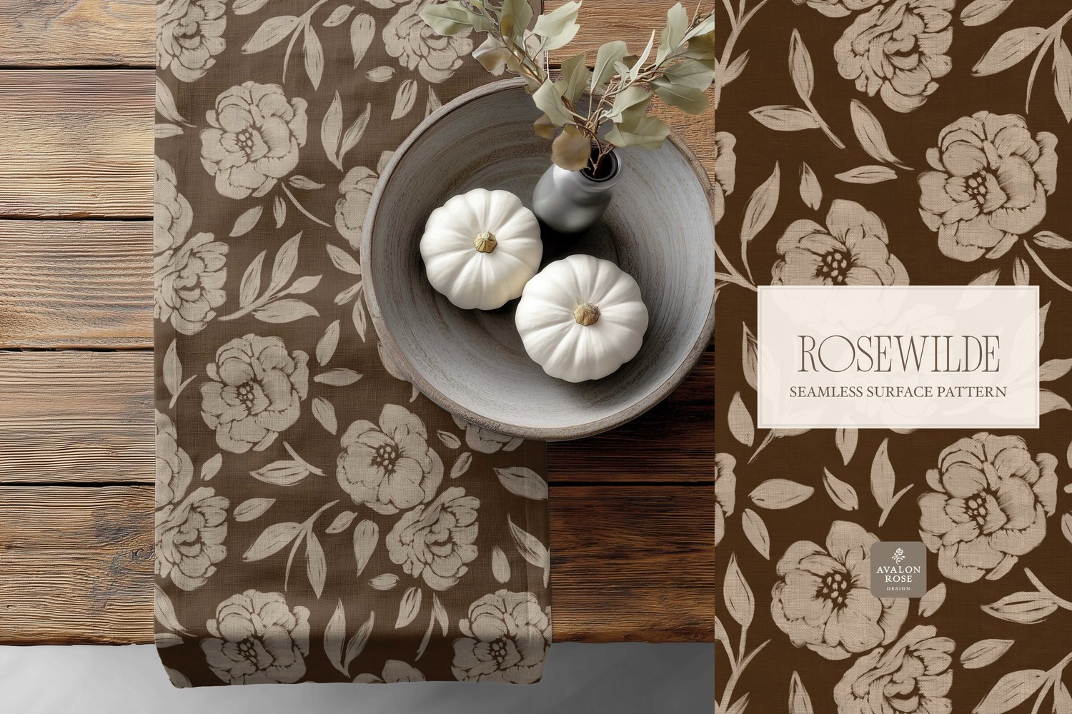 Cottage style beige and dark brown  seamless surface pattern featuring roughly painted tossed roses and leaves with a linen texture on a table runner