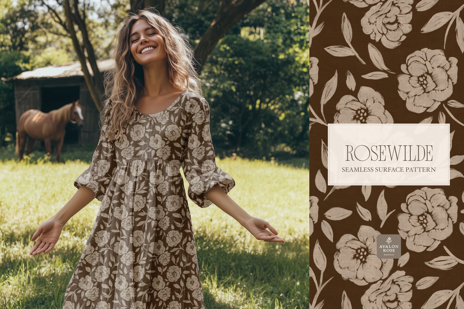 Cottage style beige and dark brown  seamless surface pattern featuring roughly painted tossed roses and leaves with a linen texture on a dress worn by a young woman
