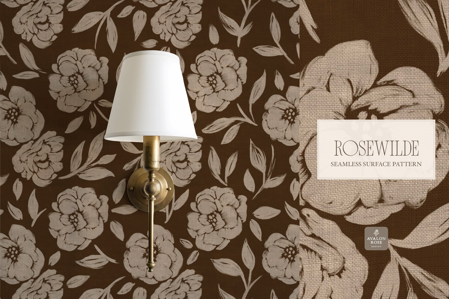 Cottage style beige and dark brown  seamless surface pattern featuring roughly painted tossed roses and leaves with a linen texture on wallpaper