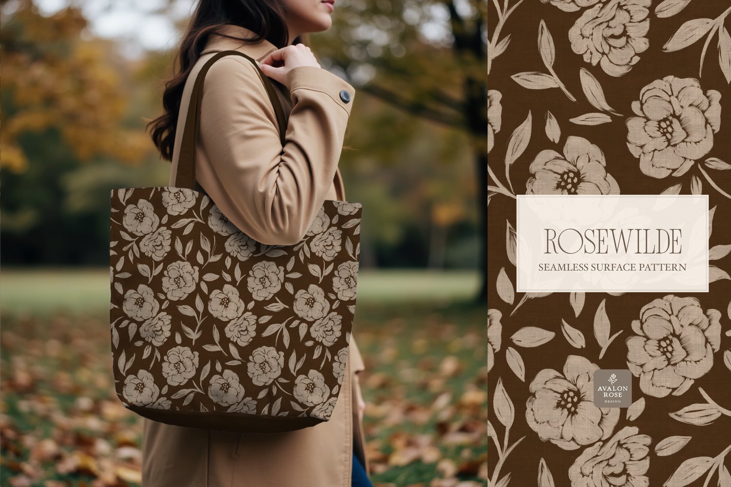 Cottage style beige and dark brown  seamless surface pattern featuring roughly painted tossed roses and leaves with a linen texture on a tote bag held by a woman