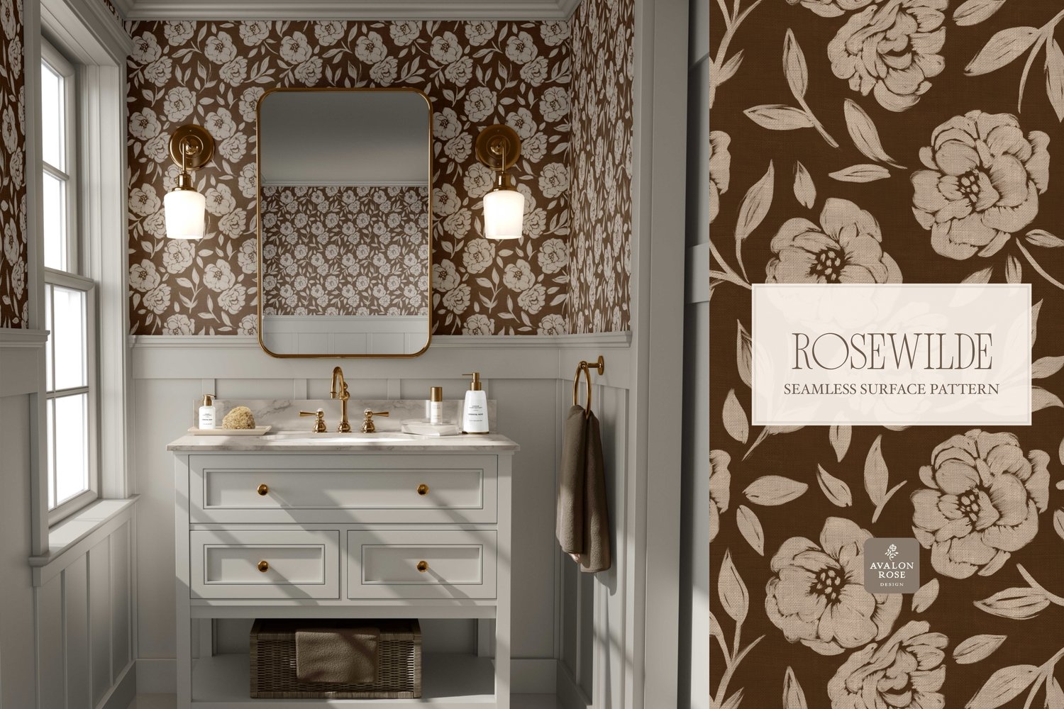 Cottage style beige and dark brown  seamless surface pattern featuring roughly painted tossed roses and leaves with a linen texture on bathroom wallpaper