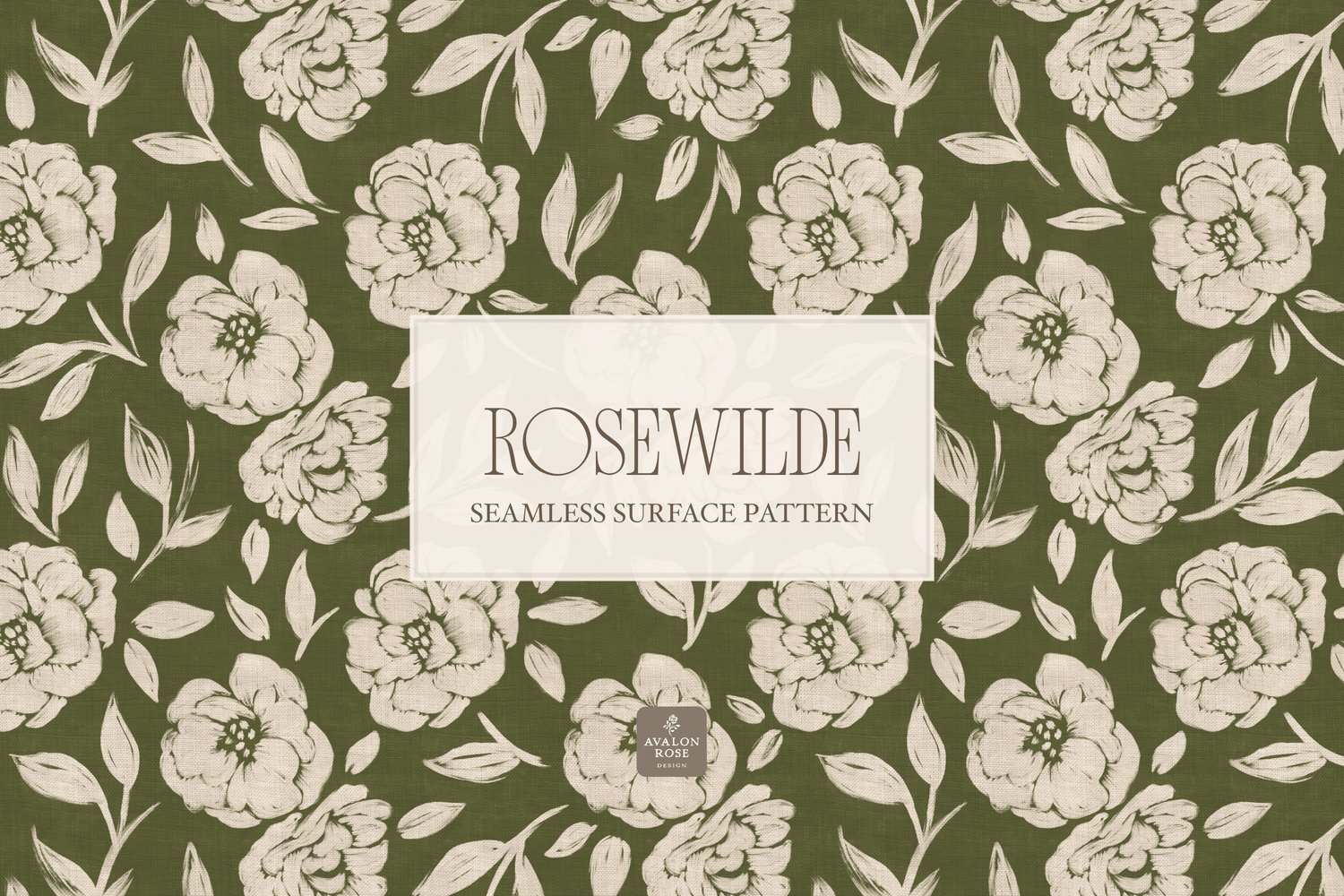 Cottage style beige and olive green seamless surface pattern featuring roughly painted tossed roses and leaves with a linen texture