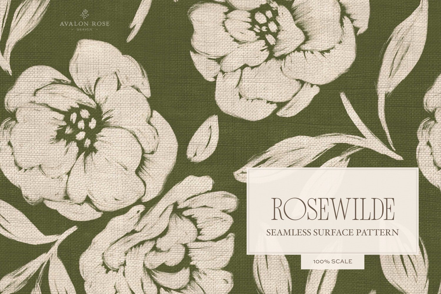 Cottage style beige and olive green seamless surface pattern featuring roughly painted tossed roses and leaves with a linen texture