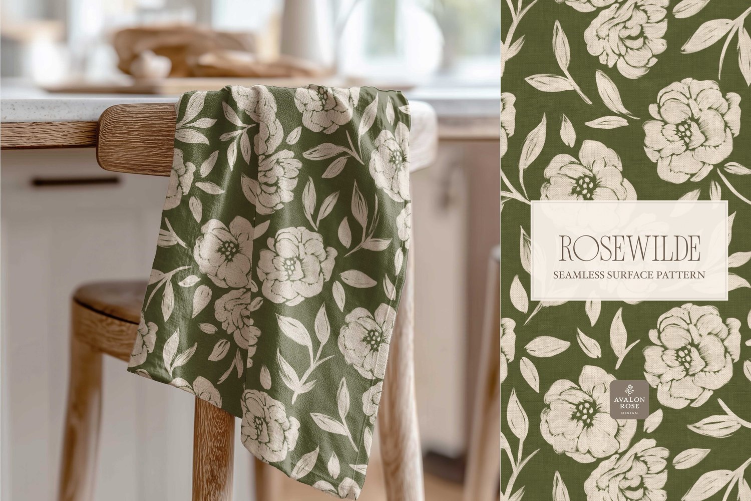 Cottage style beige and olive green seamless surface pattern featuring roughly painted tossed roses and leaves with a linen texture on a tea towel