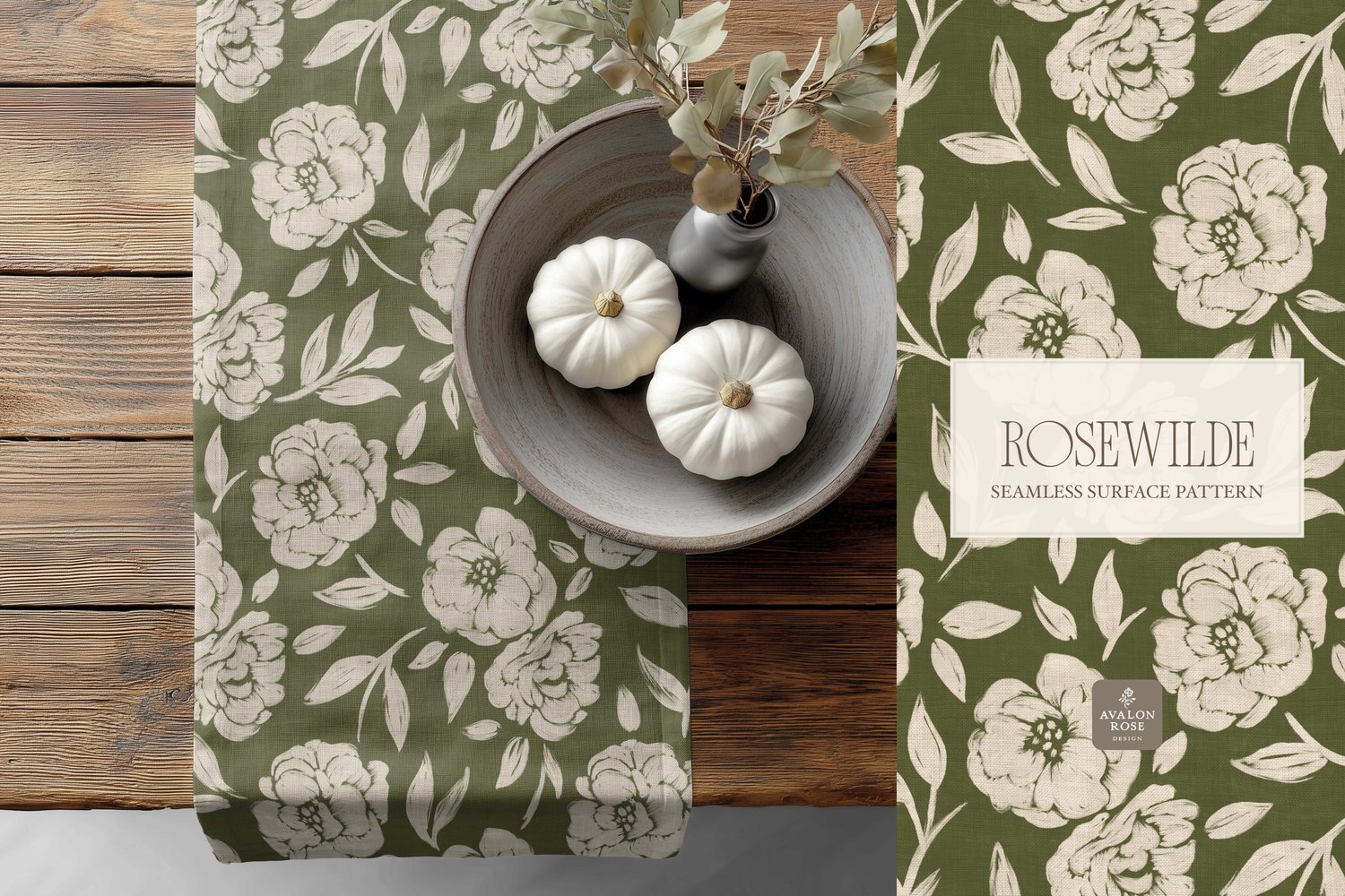 Cottage style beige and olive green seamless surface pattern featuring roughly painted tossed roses and leaves with a linen texture on a table runner