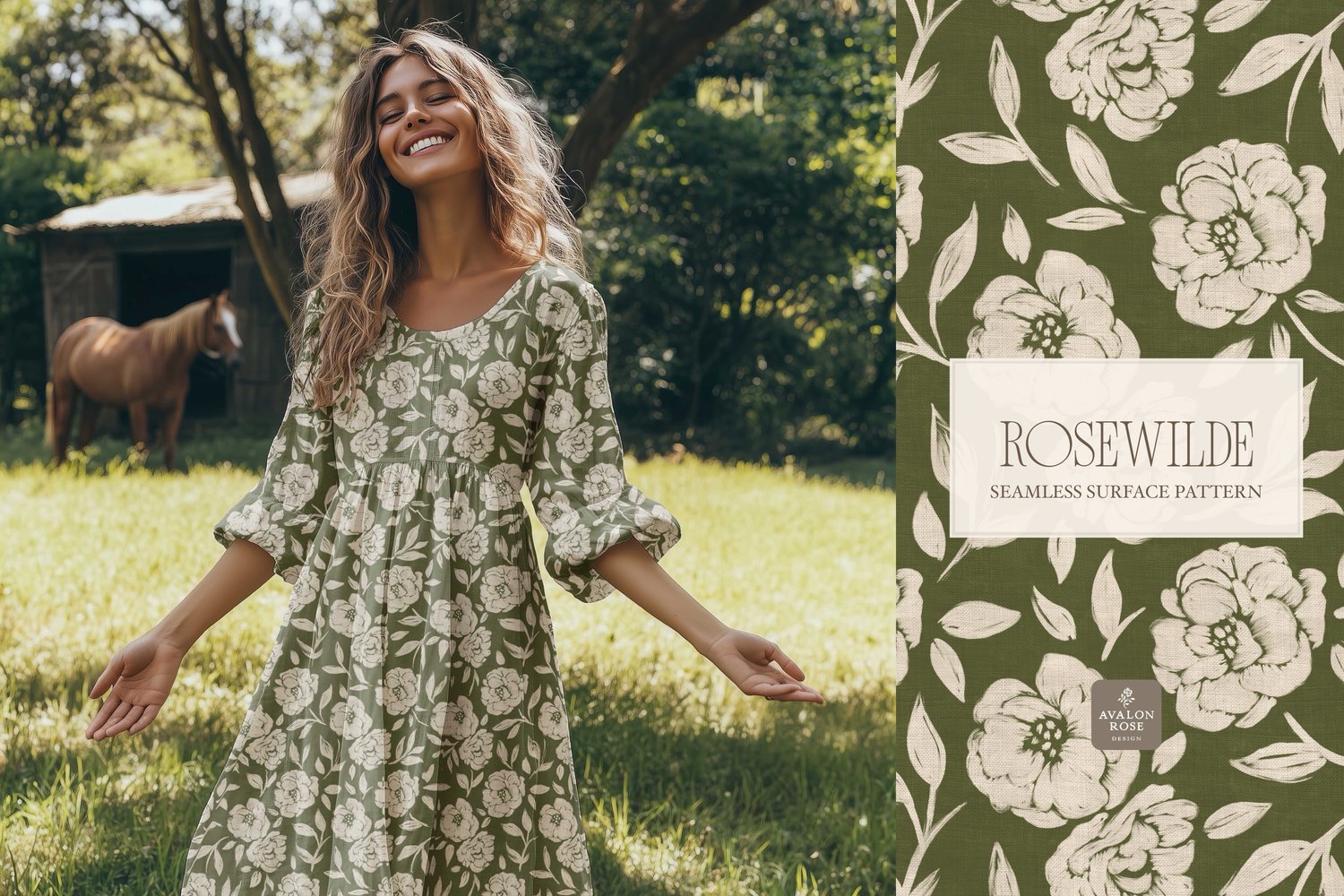 Cottage style beige and olive green seamless surface pattern featuring roughly painted tossed roses and leaves with a linen texture on a dress worn by a young woman